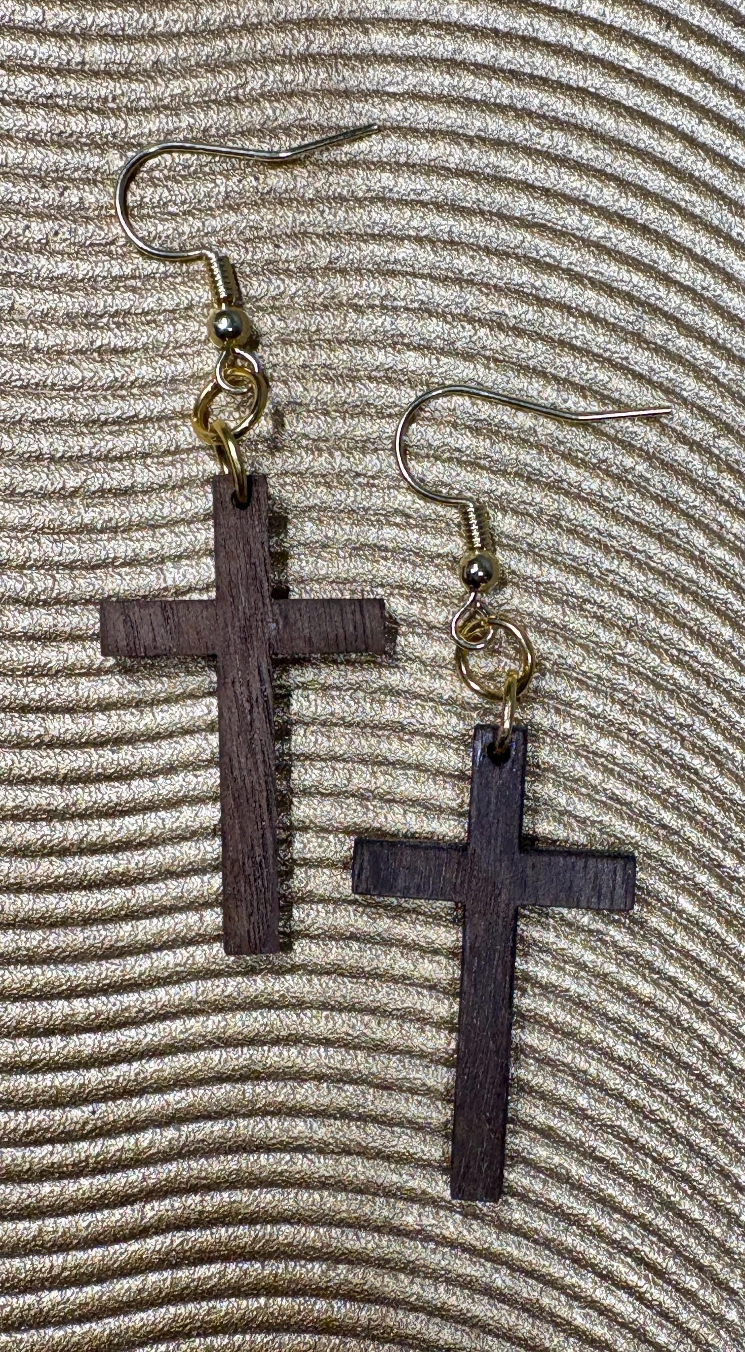 Black Walnut Wood Cross Earrings | Christian Faith Dangle Earrings Consecrated Jewelry Co.