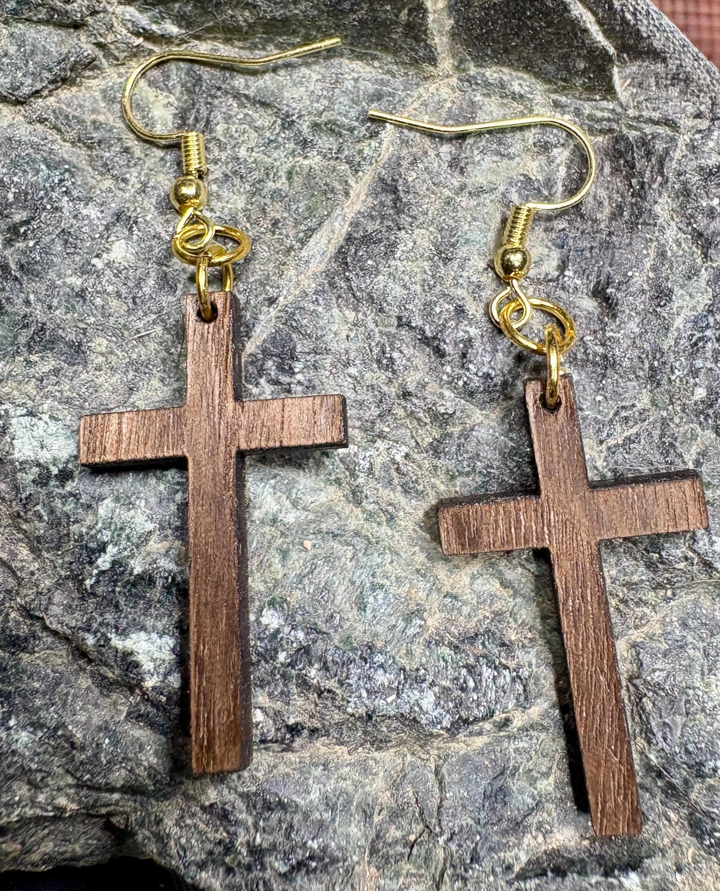 Black Walnut Wood Cross Earrings | Christian Faith Dangle Earrings Consecrated Jewelry Co.