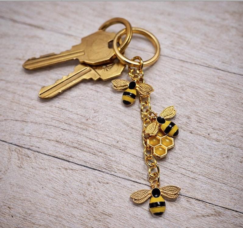 Gold & Black Bee Keychain | Yellow Honeycomb Bag Charm Keychains Consecrated Jewelry Co.