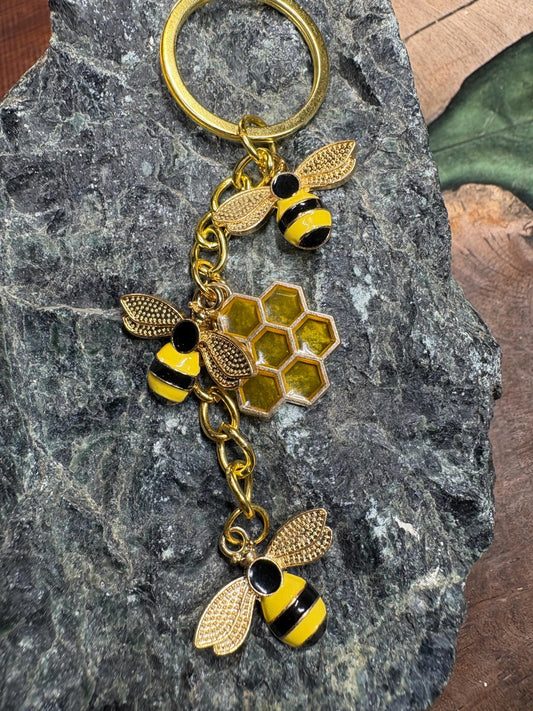 Gold & Black Bee Keychain | Yellow Honeycomb Bag Charm Keychains Consecrated Jewelry Co.