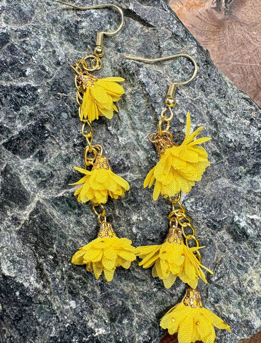 Gold Dangle Earrings | Yellow Floral 3-Tiered Flower Botanical Earrings Consecrated Jewelry Co.