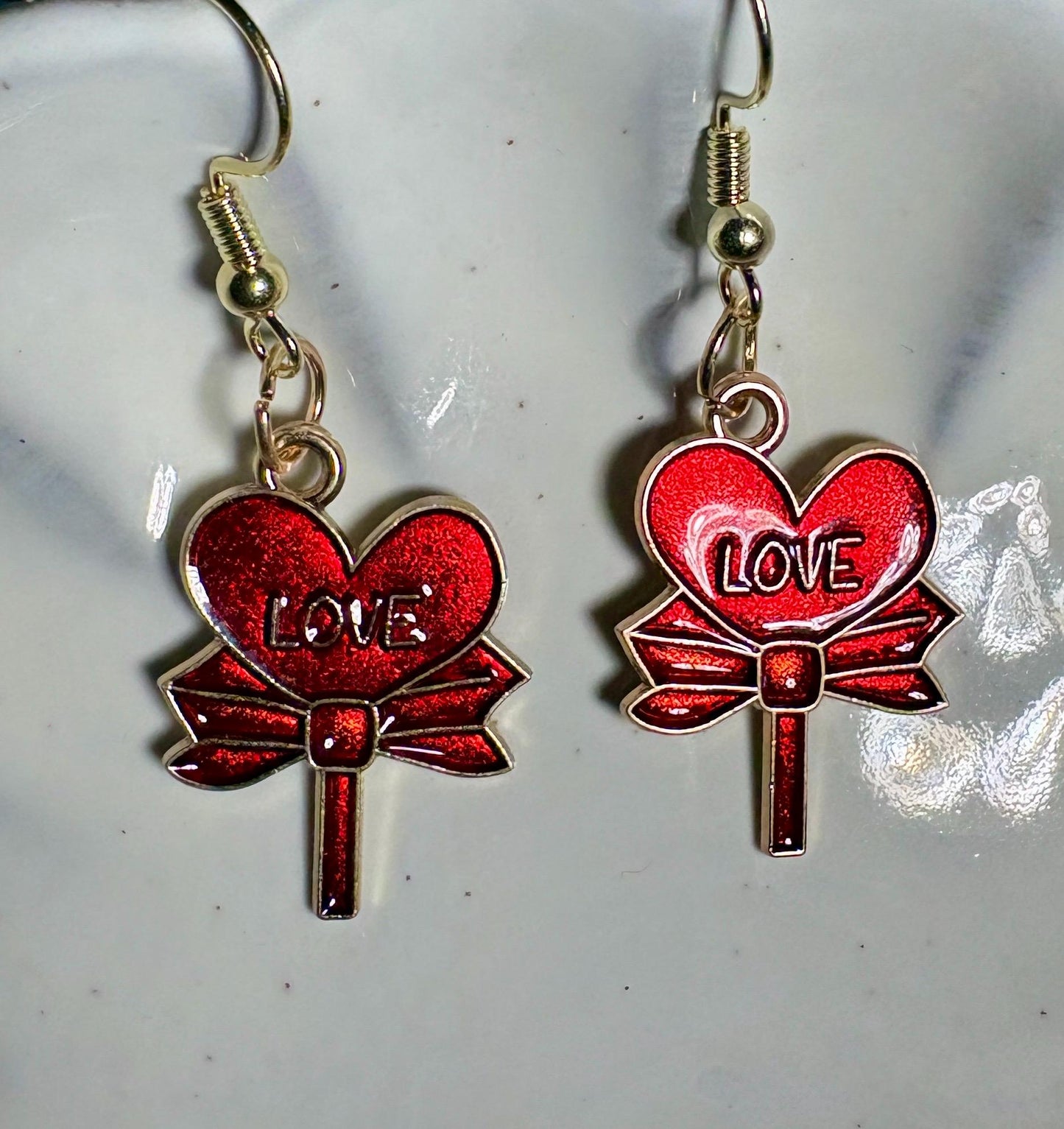 Gold & Red Dangle Heart Earrings | Love Bows Galentines Valentine Earrings Consecrated Jewelry Co.