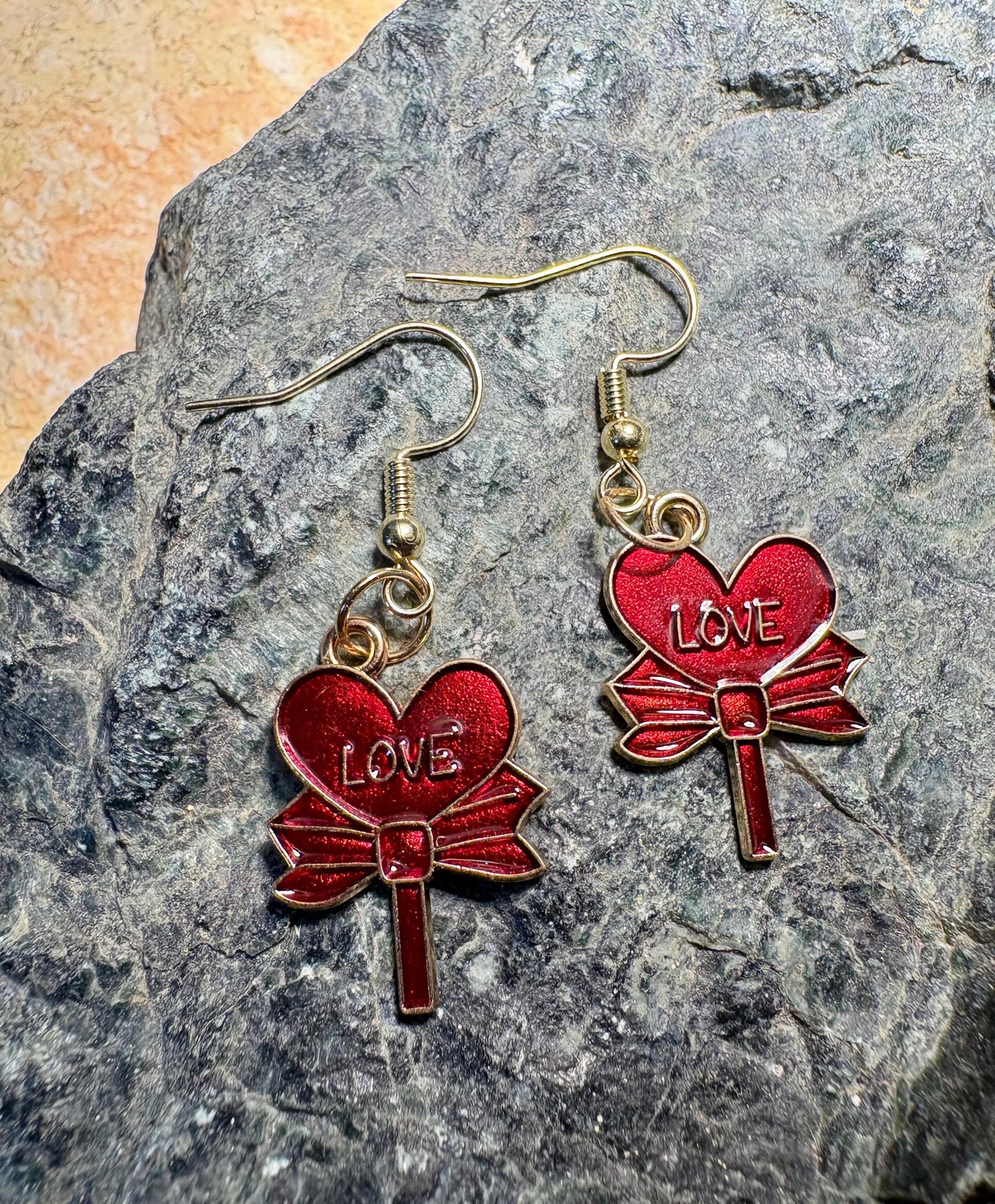 Gold & Red Dangle Heart Earrings | Love Bows Galentines Valentine Earrings Consecrated Jewelry Co.
