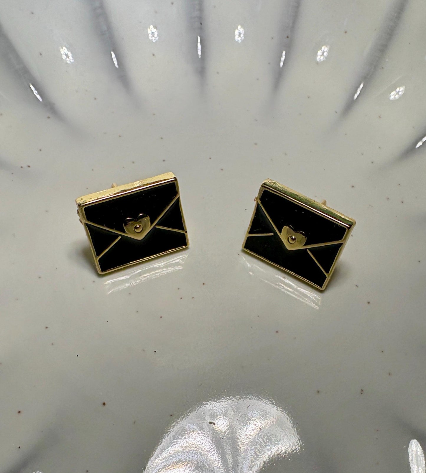 Black Envelope Stud Earrings | Gold Tone Heart Seal Earrings Consecrated Jewelry Co.