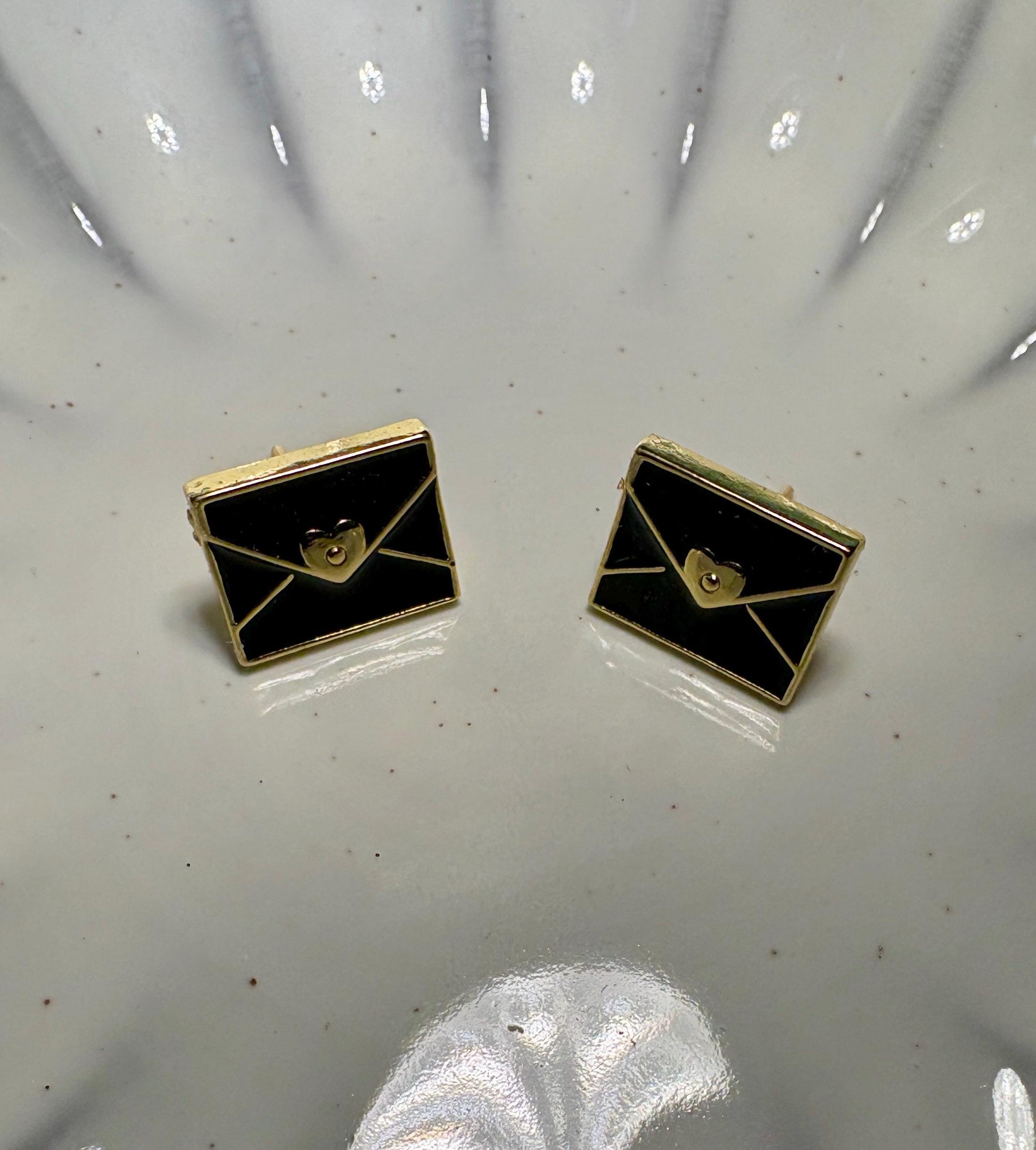 Black Envelope Stud Earrings | Gold Tone Heart Seal Earrings Consecrated Jewelry Co.