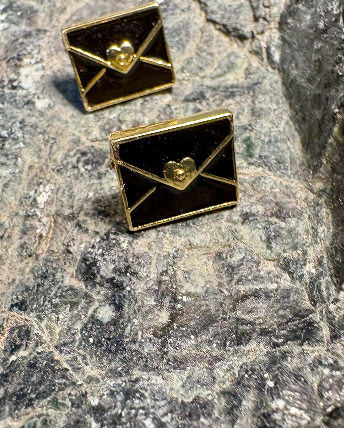 Black Envelope Stud Earrings | Gold Tone Heart Seal Earrings Consecrated Jewelry Co.