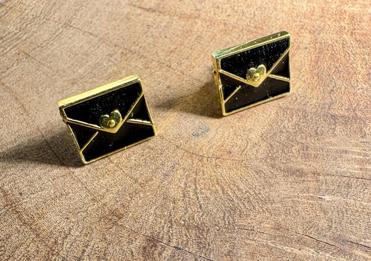 Black Envelope Stud Earrings | Gold Tone Heart Seal Earrings Consecrated Jewelry Co.