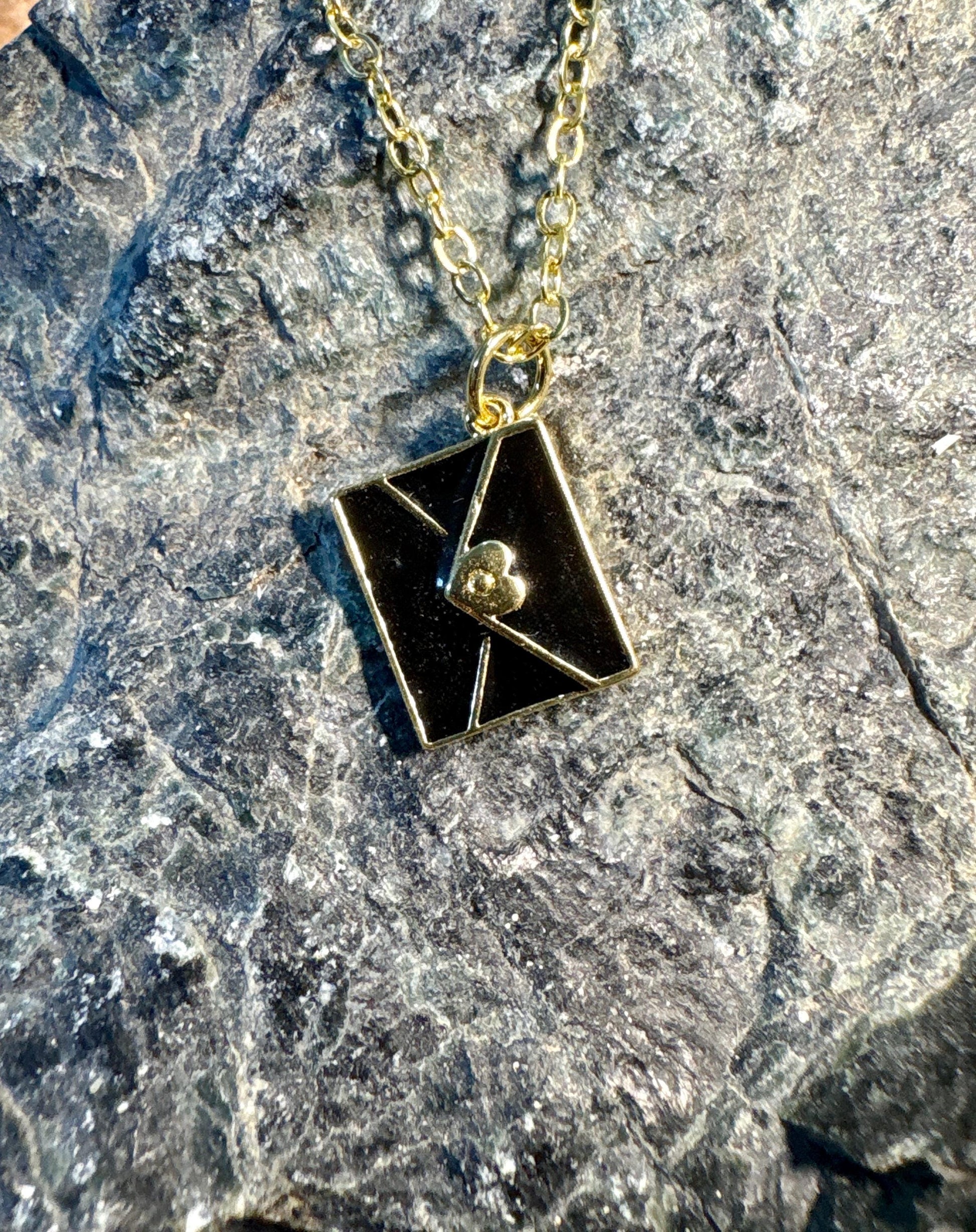 Black Envelope Pendant Necklace | Gold Heart Seal Minimalist Necklaces Consecrated Jewelry Co.