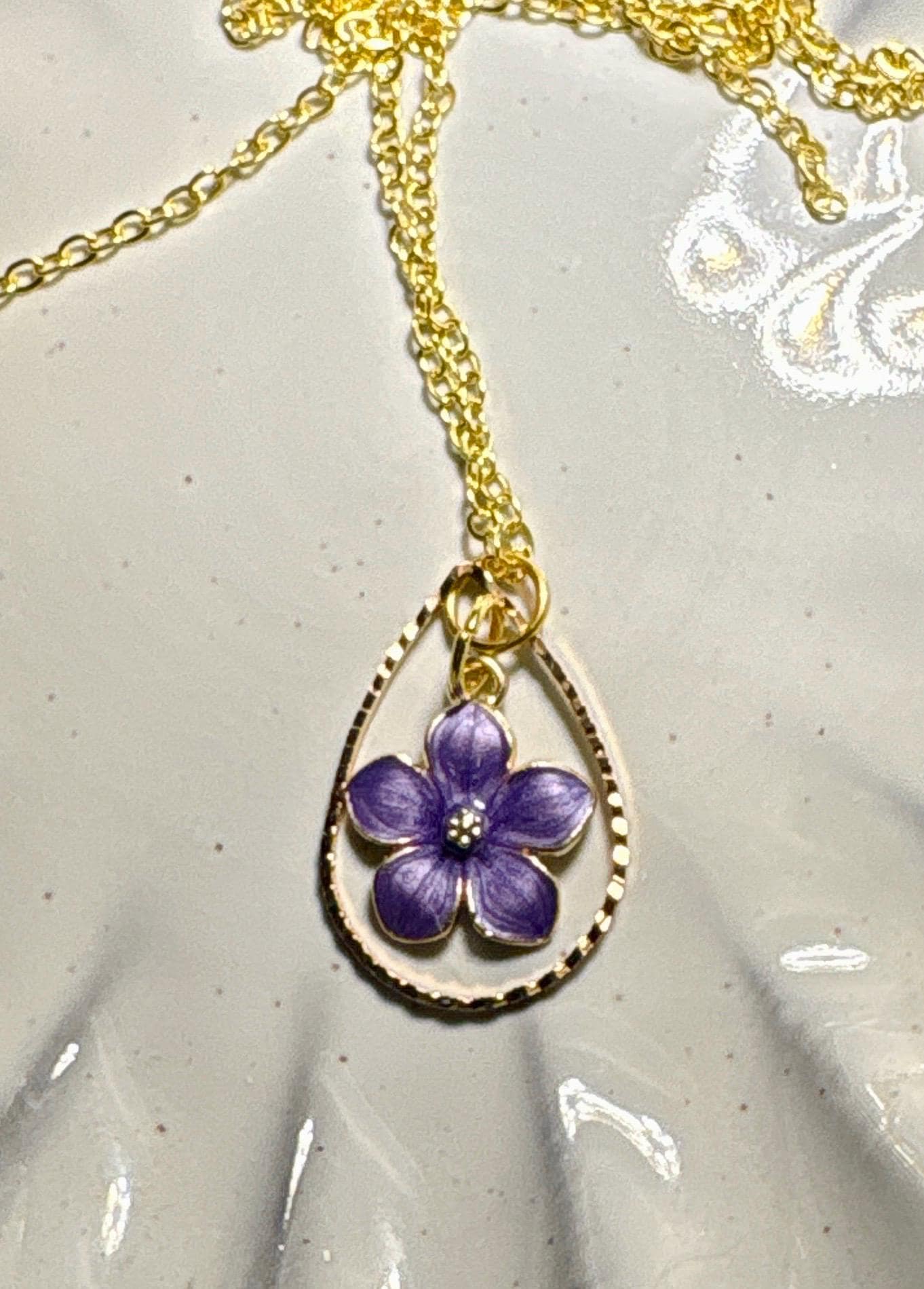 Gold Teardrop Pendant Necklace | Dainty Purple Lavender Flower Necklaces Consecrated Jewelry Co.