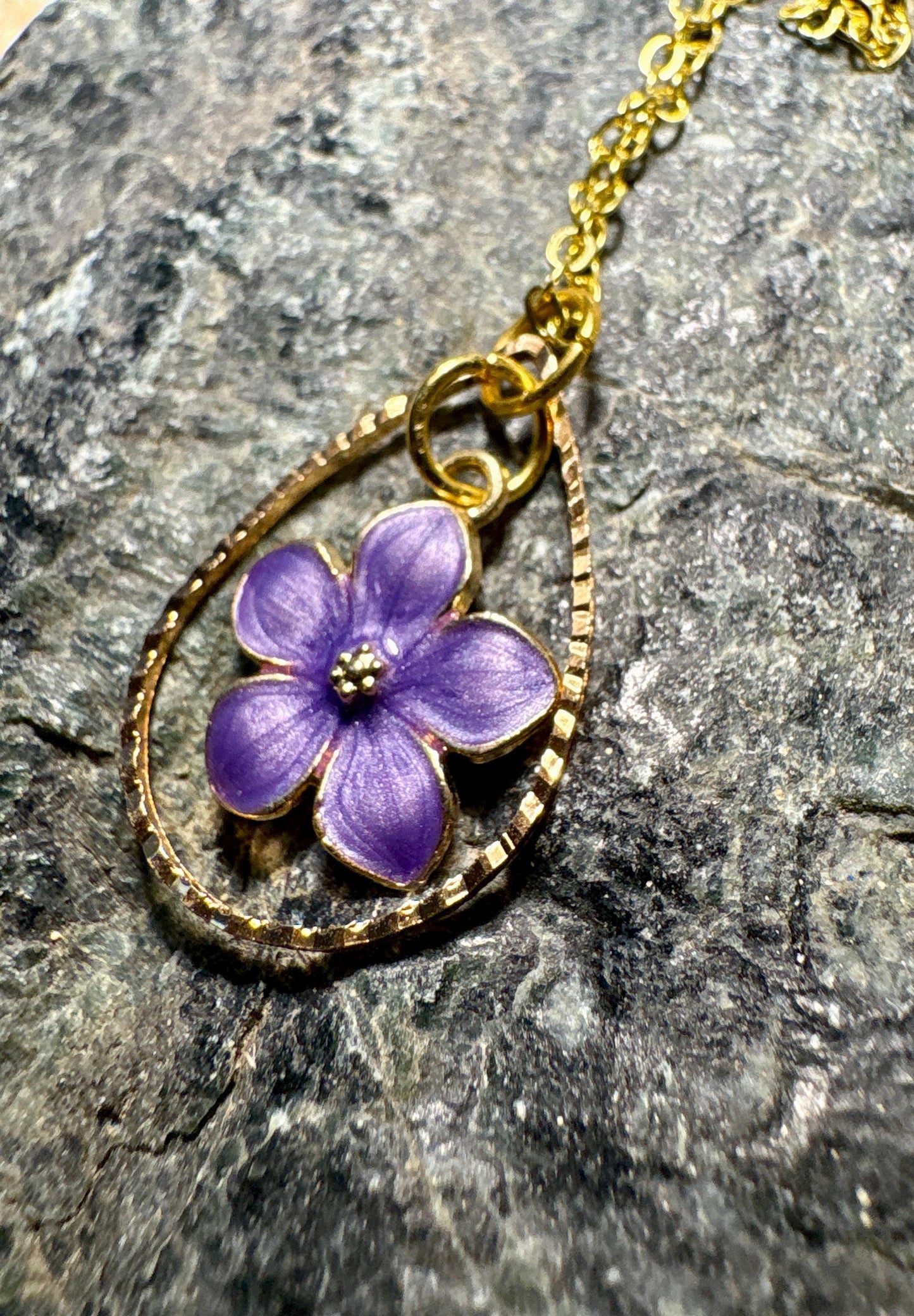 Gold Teardrop Pendant Necklace | Dainty Purple Lavender Flower Necklaces Consecrated Jewelry Co.