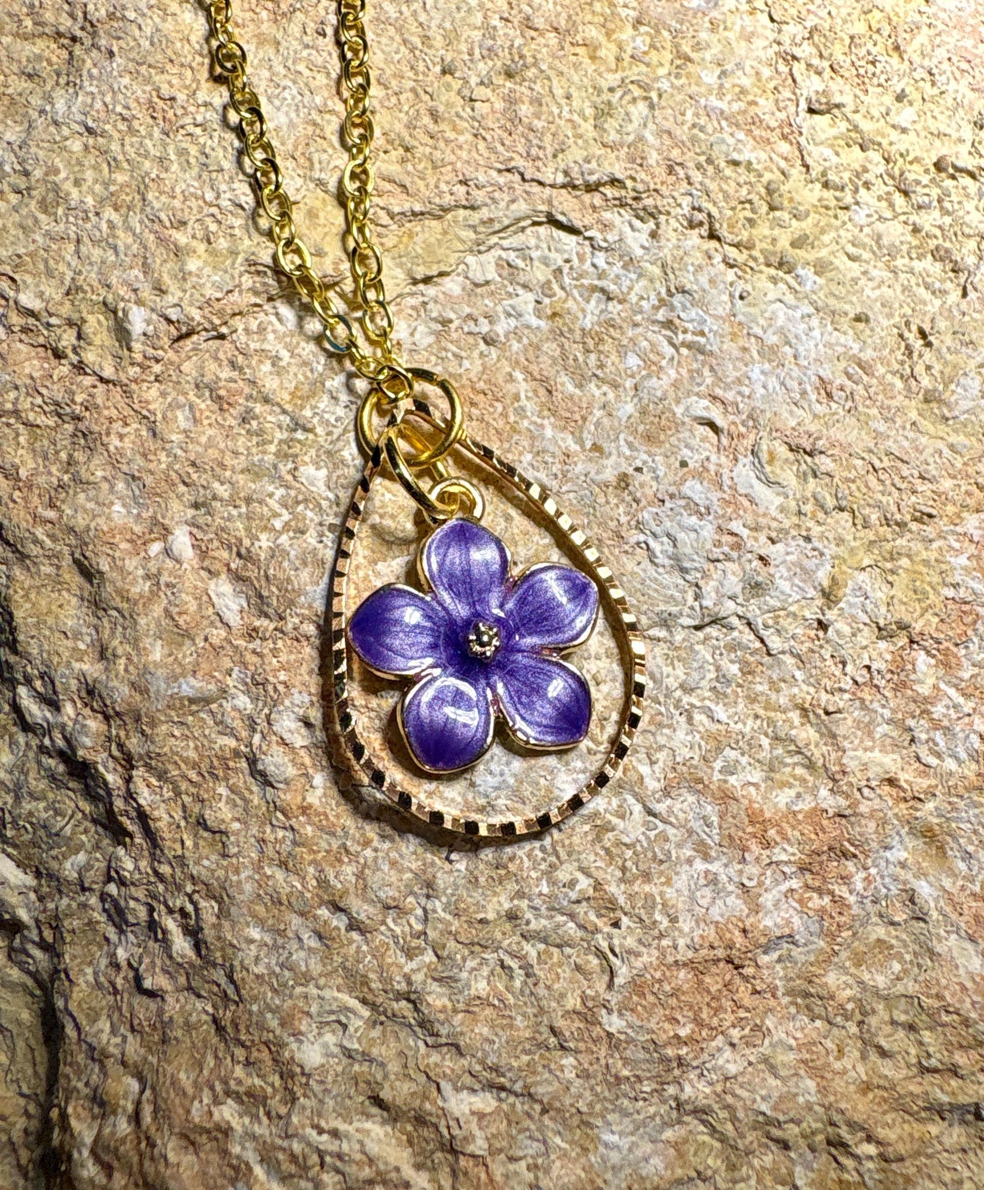 Gold Teardrop Pendant Necklace | Dainty Purple Lavender Flower Necklaces Consecrated Jewelry Co.