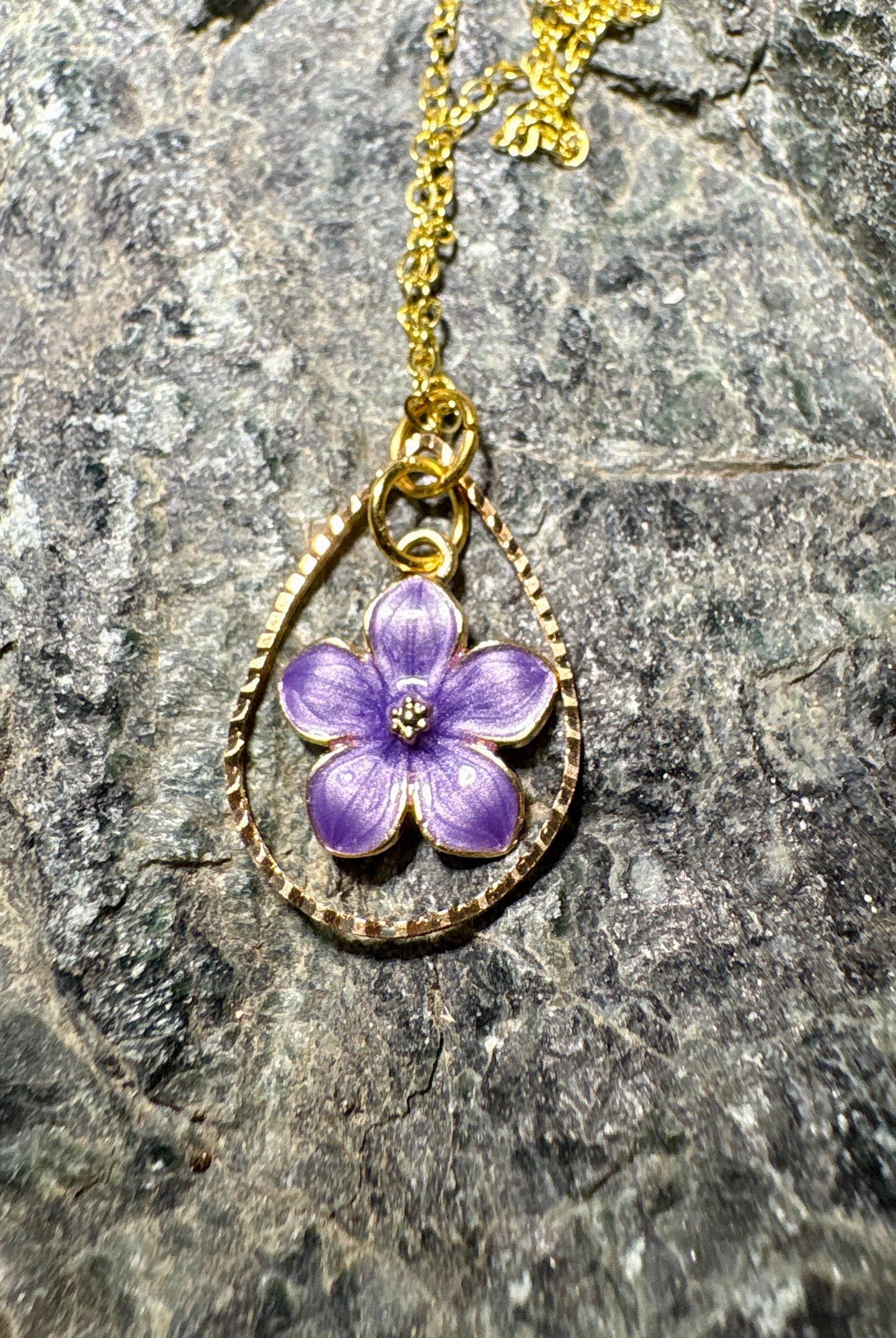 Gold Teardrop Pendant Necklace | Dainty Purple Lavender Flower Necklaces Consecrated Jewelry Co.