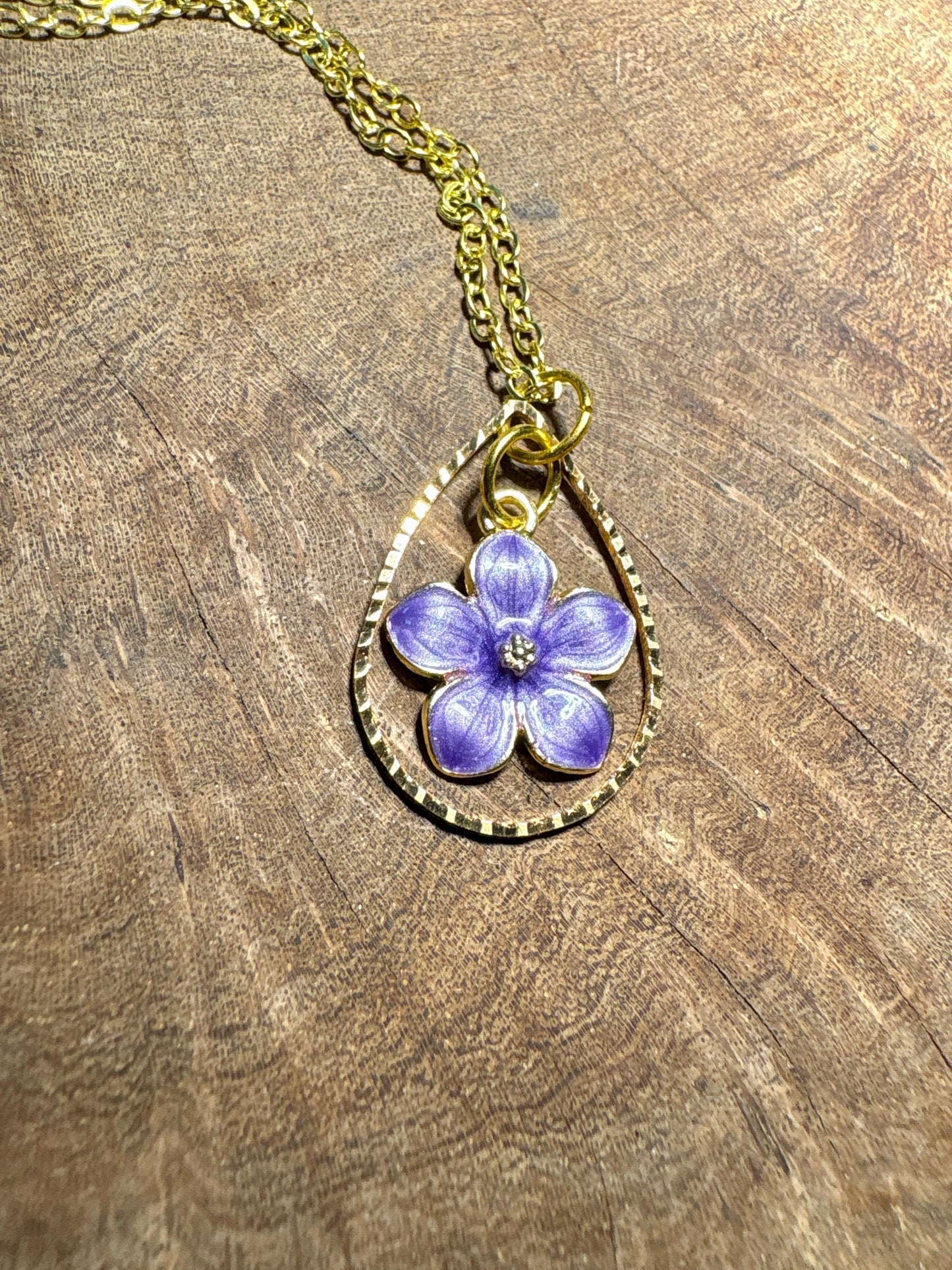 Gold Teardrop Pendant Necklace | Dainty Purple Lavender Flower Necklaces Consecrated Jewelry Co.