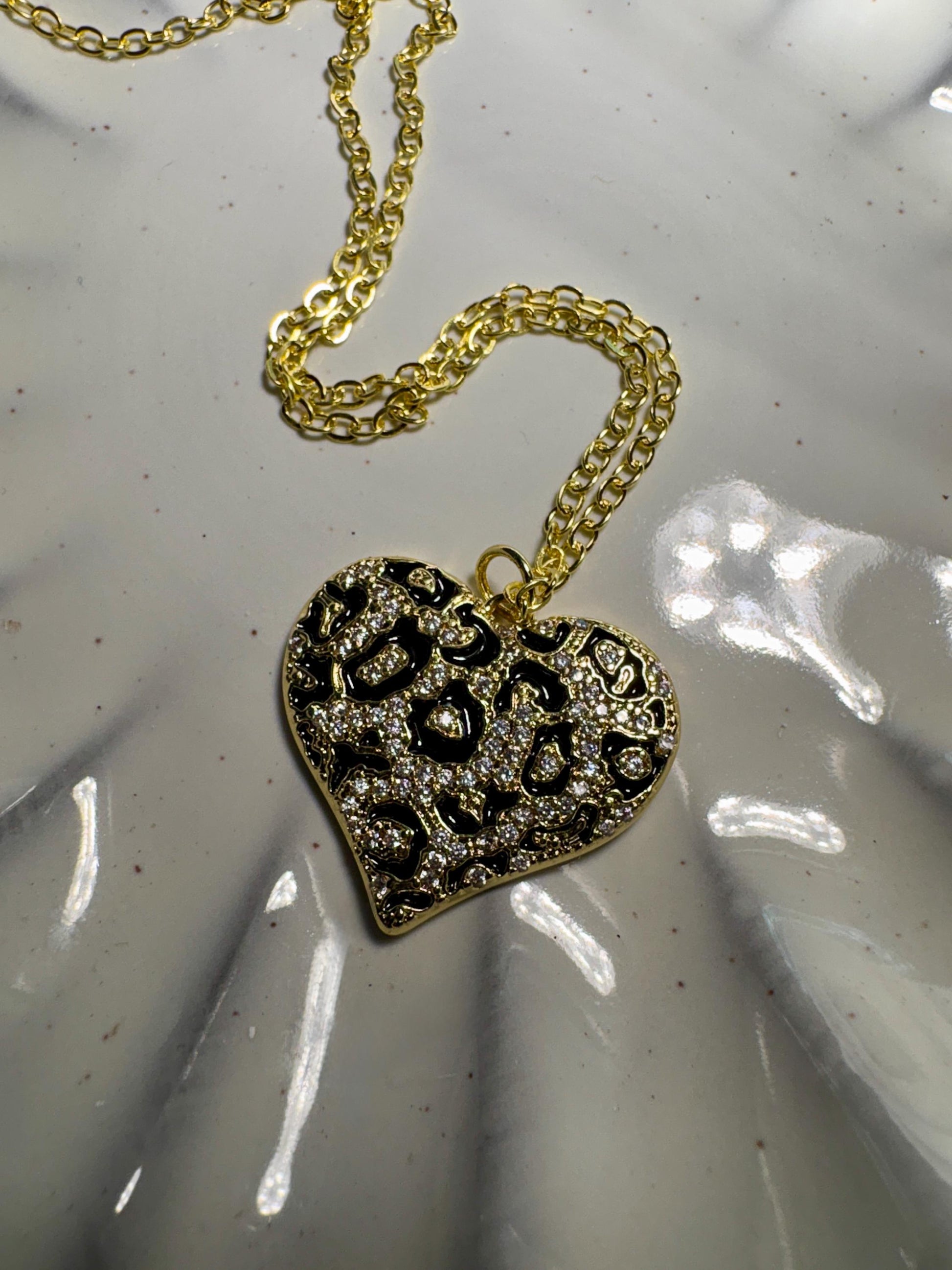 Leopard Print Heart Pendant Necklace | Gold & Black Enamel Necklaces Consecrated Jewelry Co.
