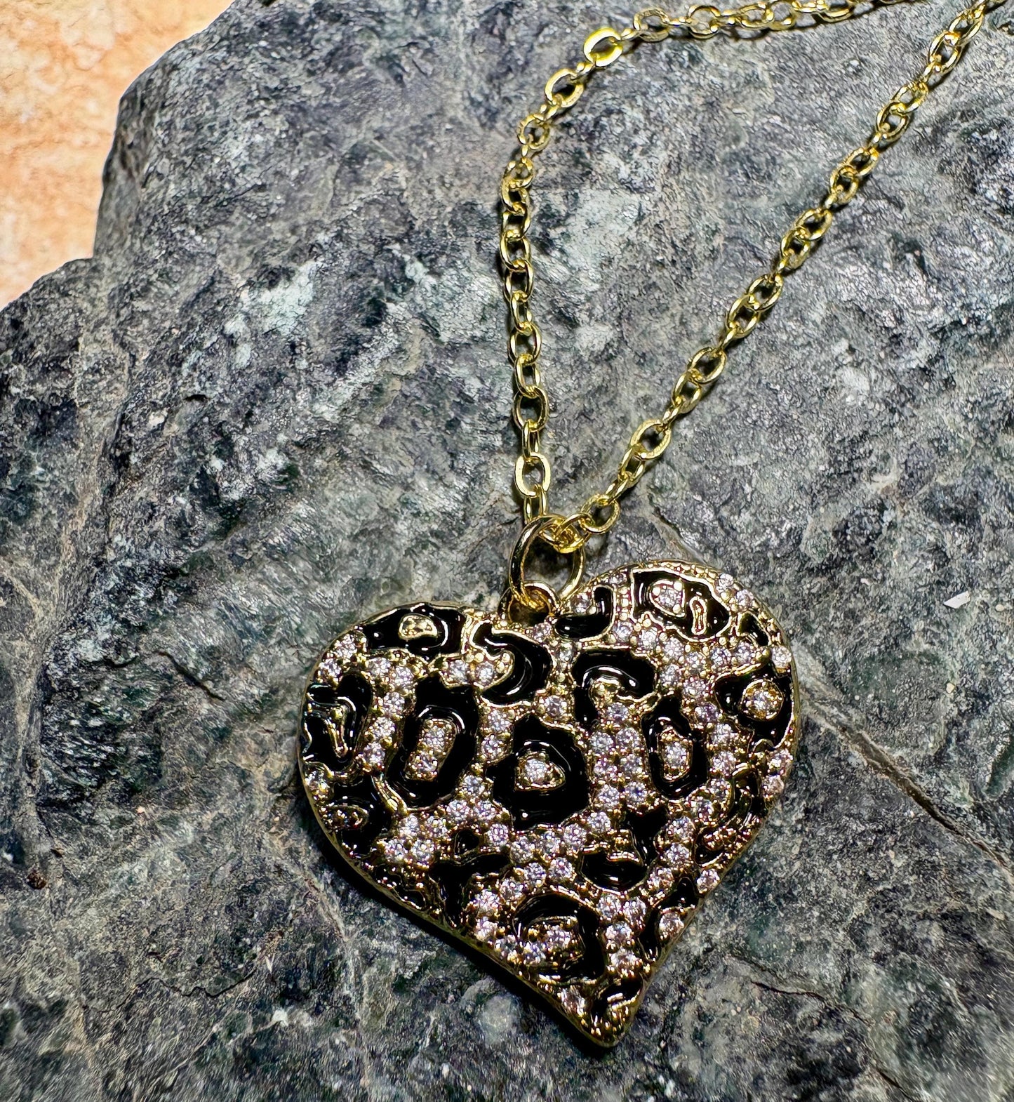 Leopard Print Heart Pendant Necklace | Gold & Black Enamel Necklaces Consecrated Jewelry Co.