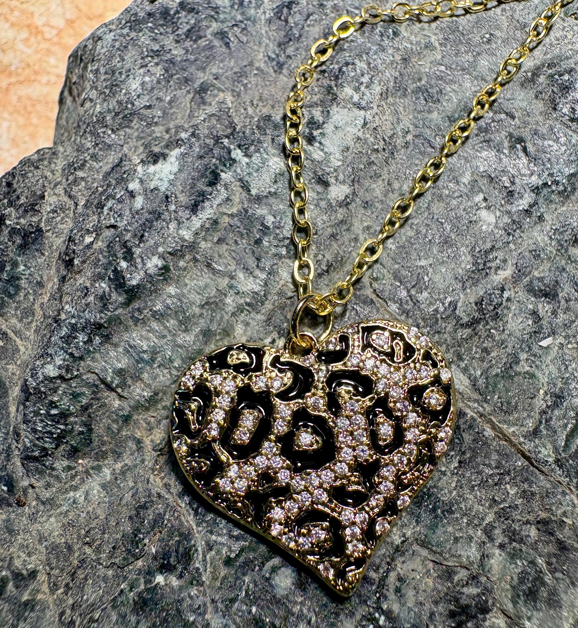 Leopard Print Heart Pendant Necklace | Gold & Black Enamel Necklaces Consecrated Jewelry Co.