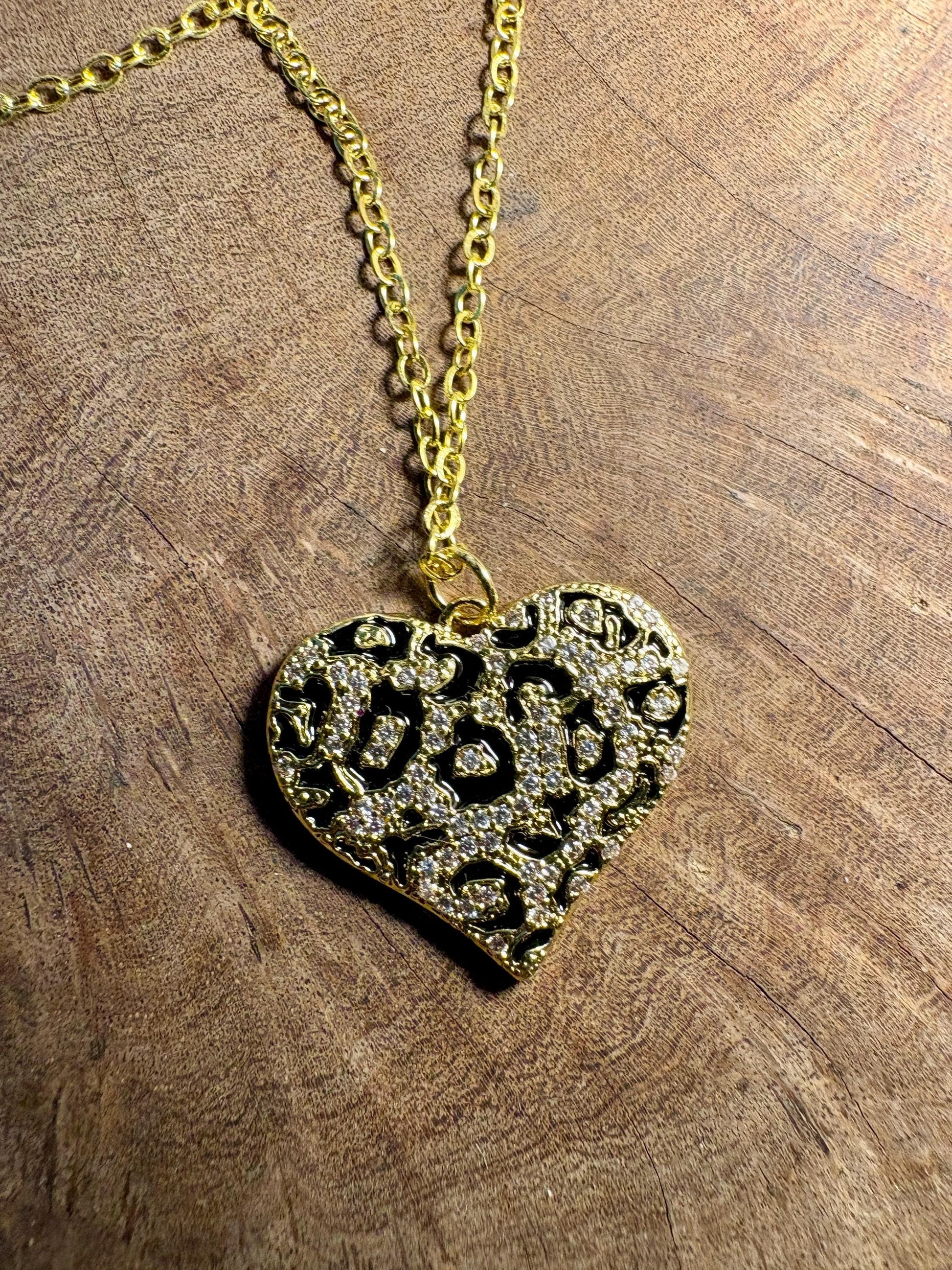 Leopard Print Heart Pendant Necklace | Gold & Black Enamel Necklaces Consecrated Jewelry Co.