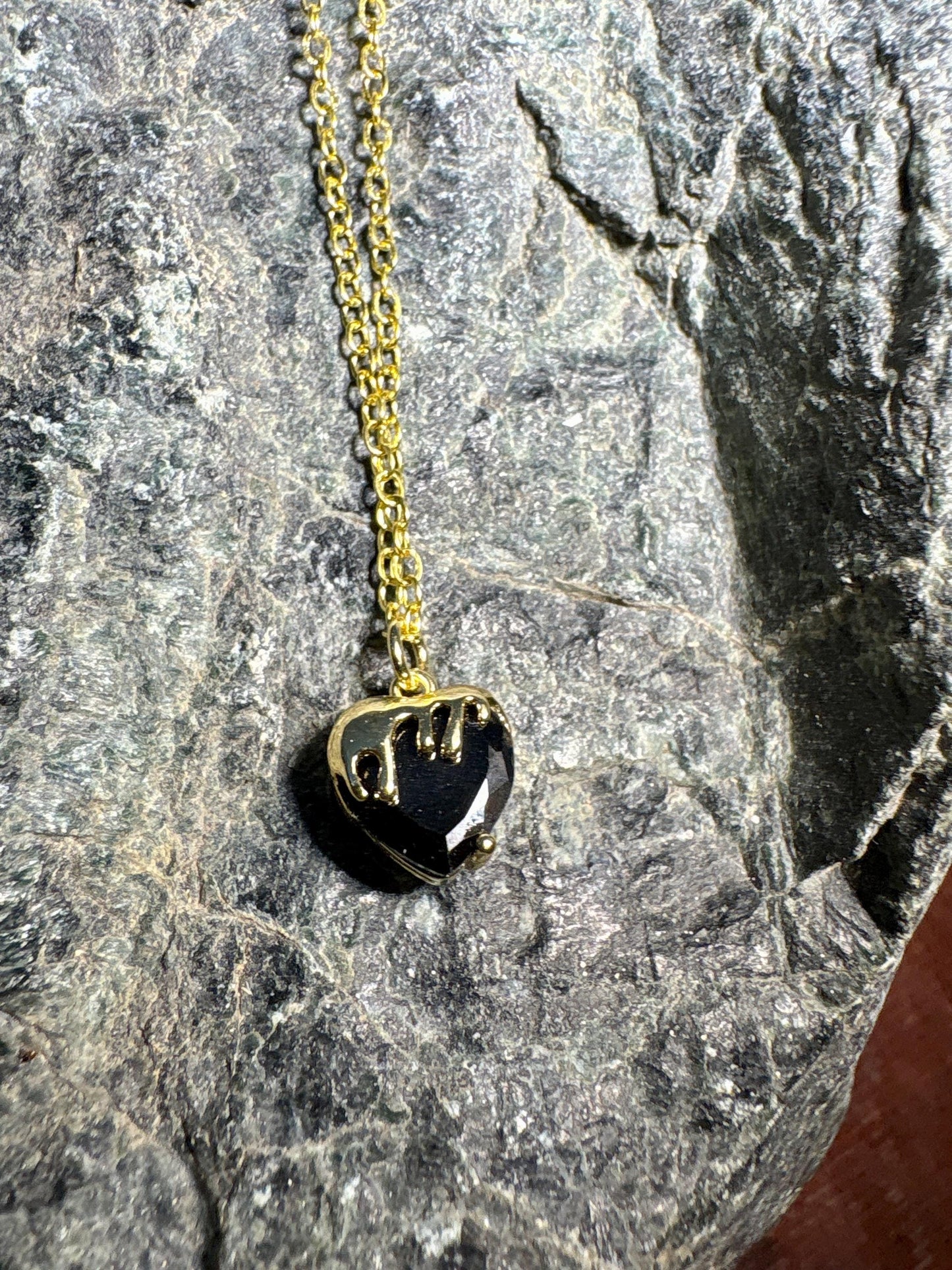 Dripping Gold Heart Pendant Necklace | Black Enamel Accents Necklaces Consecrated Jewelry Co.