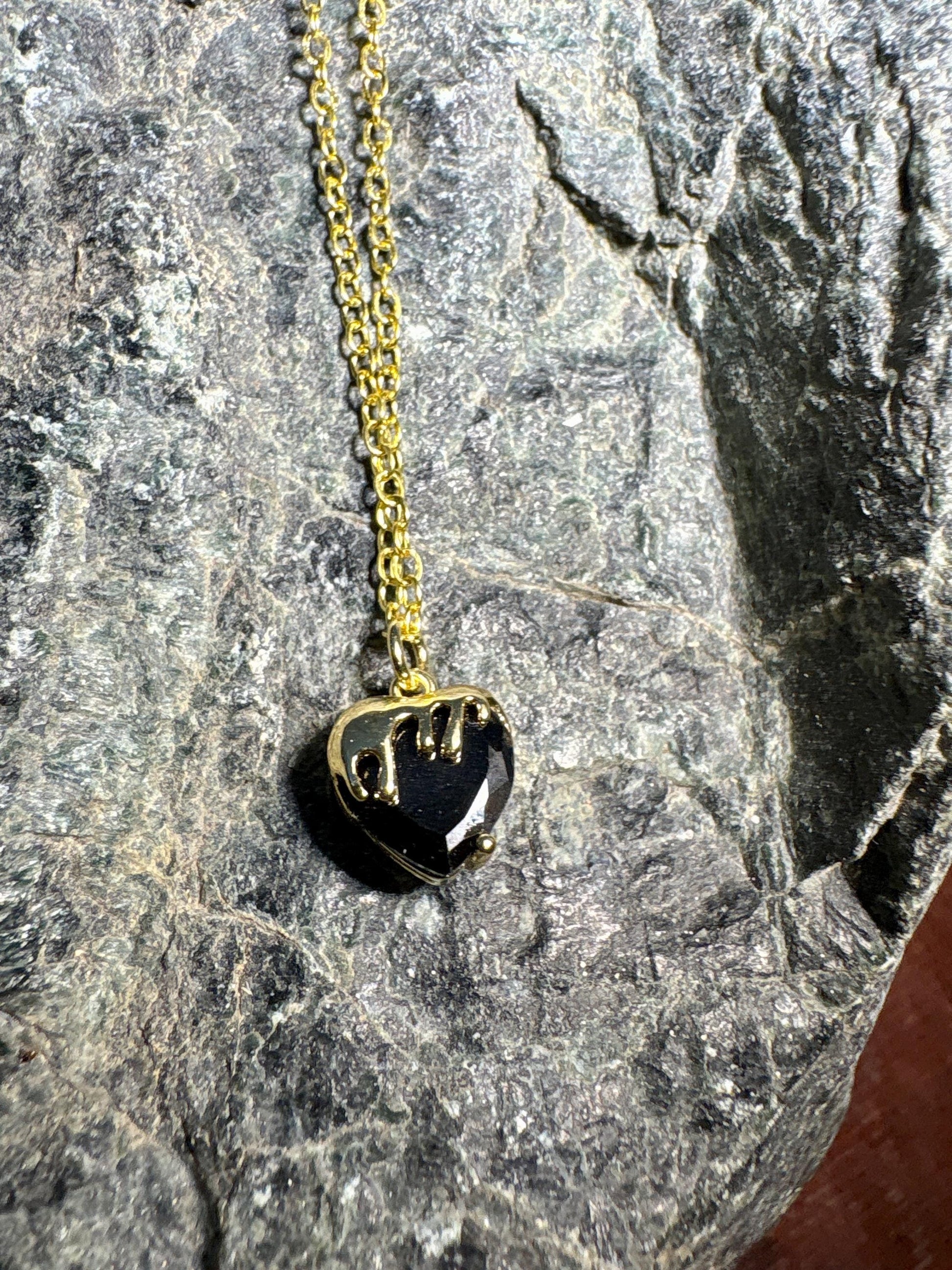 Dripping Gold Heart Pendant Necklace | Black Enamel Accents Necklaces Consecrated Jewelry Co.