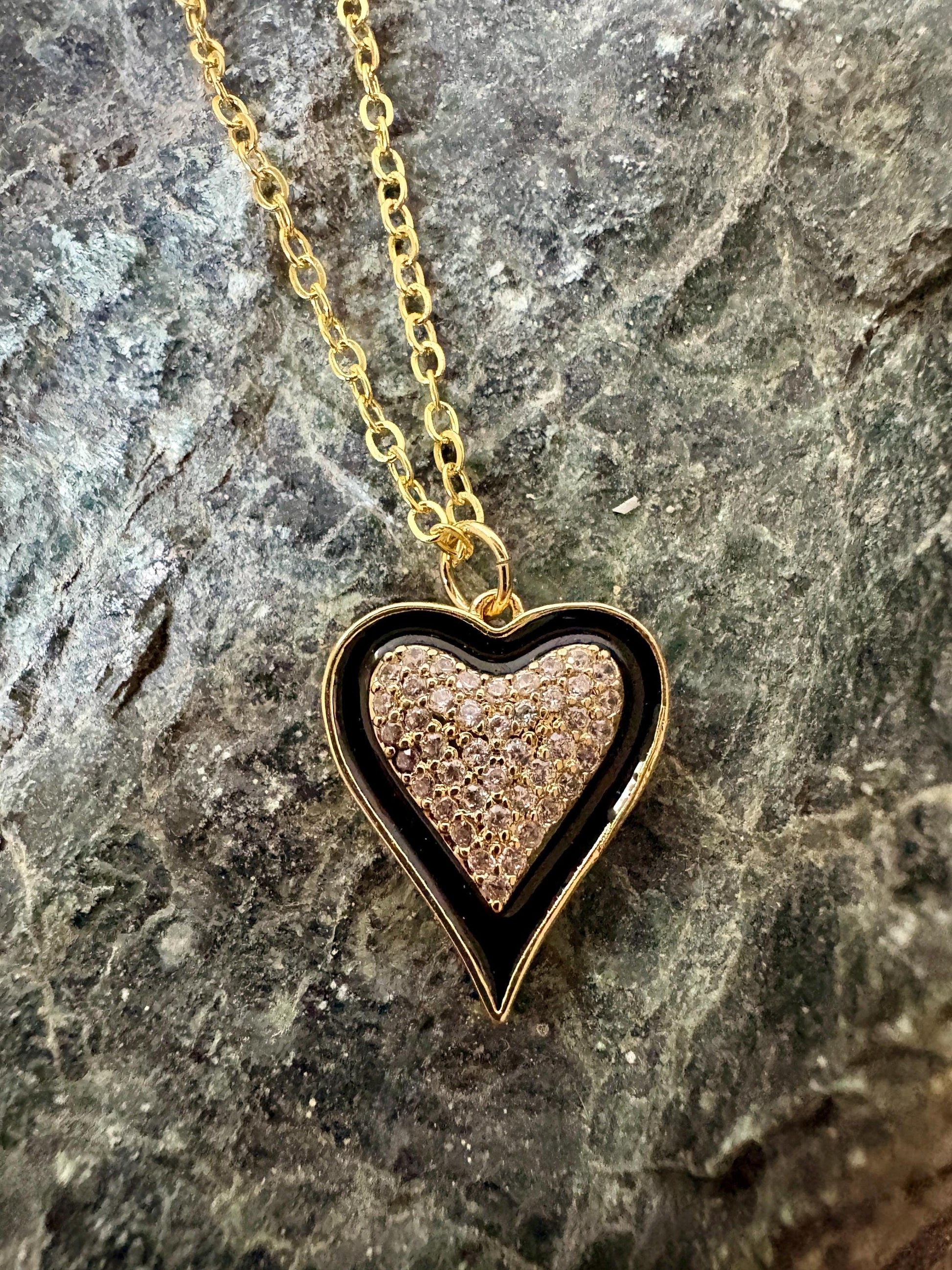 Sparkle Gold Heart Pendant Necklace | Black Enamel Accents Necklaces Consecrated Jewelry Co.