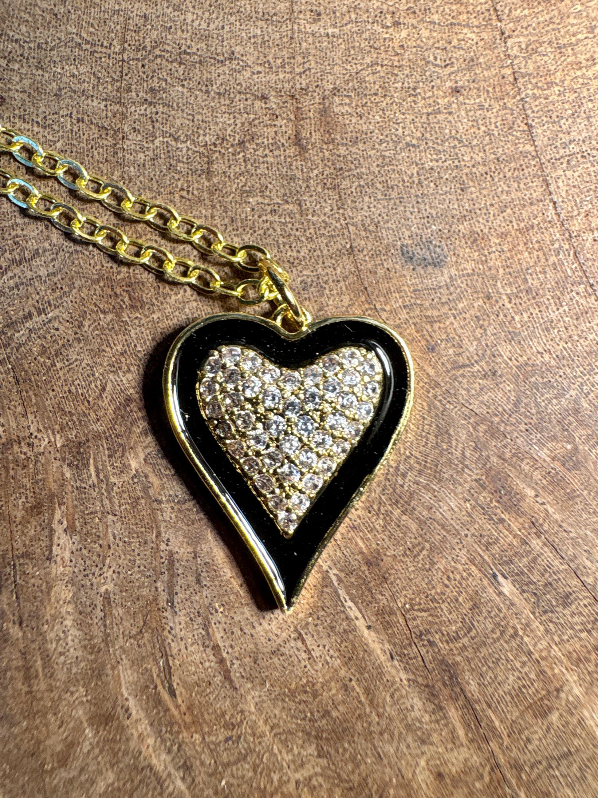 Sparkle Gold Heart Pendant Necklace | Black Enamel Accents Necklaces Consecrated Jewelry Co.