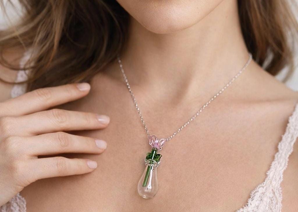 Handmade Clear Glass Flower Vase Necklace | Miniature Colorful Floral Necklaces Consecrated Jewelry Co.
