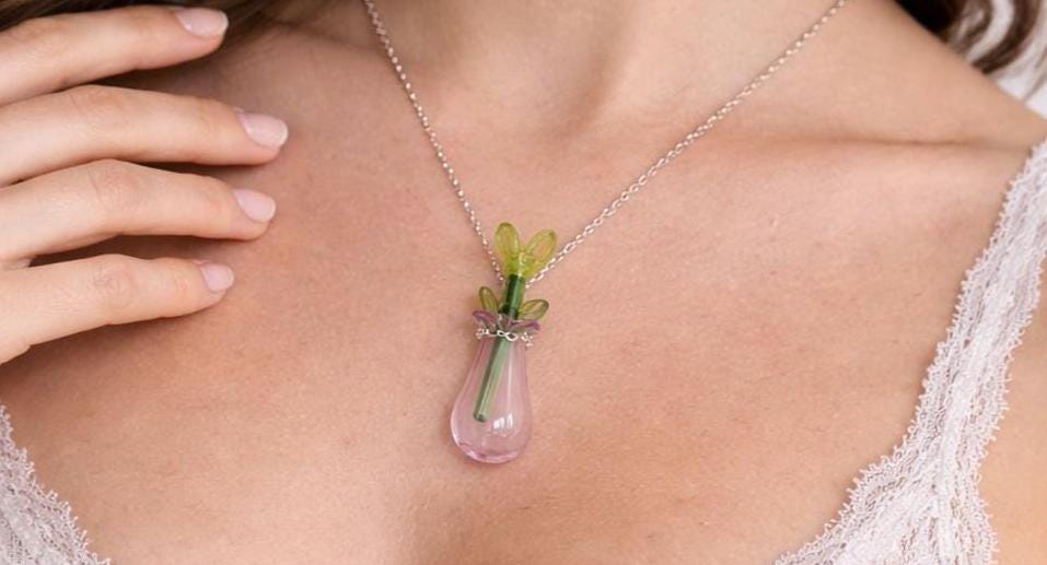 Handmade Glass Flower Vase Necklace | Purple Miniature Floral Pendant Necklaces Consecrated Jewelry Co.