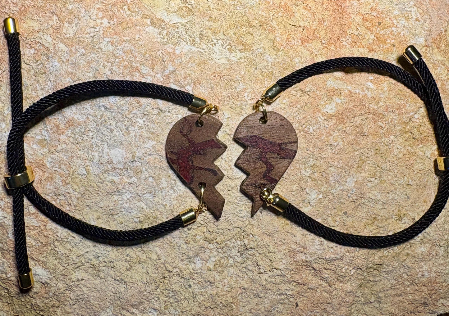 Black Walnut Broken Heart Bracelet Set | Red Resin Valentine Galentines Bracelets Consecrated Jewelry Co.