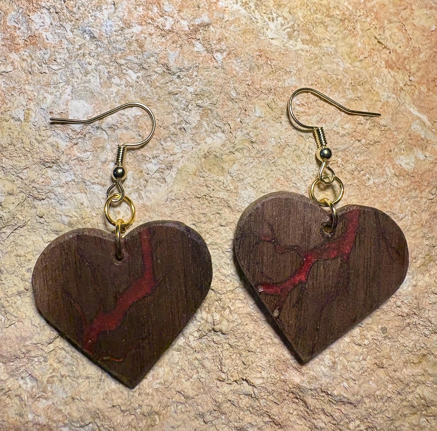 Handmade Black Walnut Heart Earrings | Red Resin Inlay Gold Fishhook Earrings Consecrated Jewelry Co.
