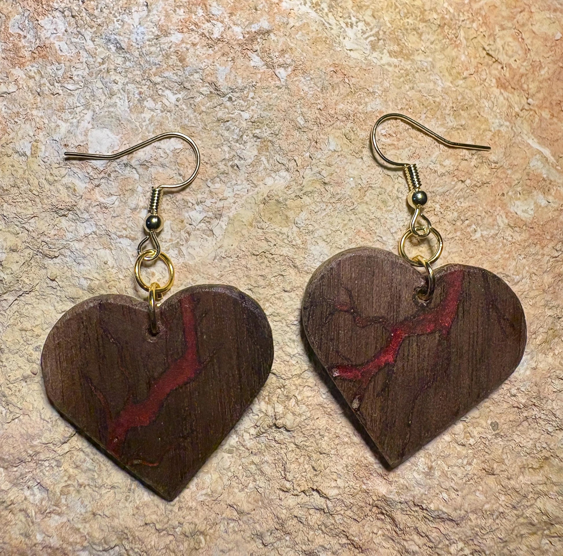 Handmade Black Walnut Heart Earrings | Red Resin Inlay Gold Fishhook Earrings Consecrated Jewelry Co.