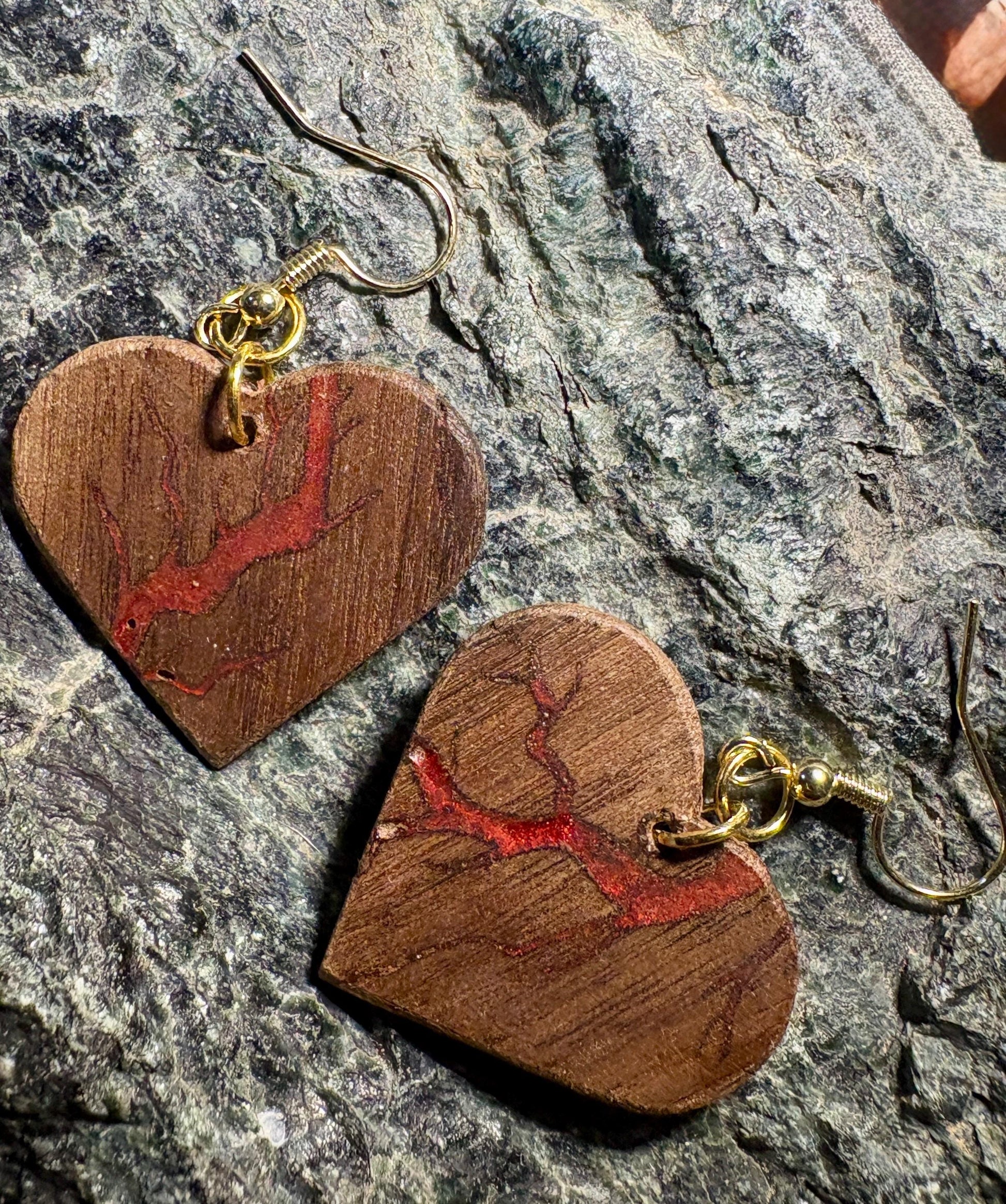Handmade Black Walnut Heart Earrings | Red Resin Inlay Gold Fishhook Earrings Consecrated Jewelry Co.