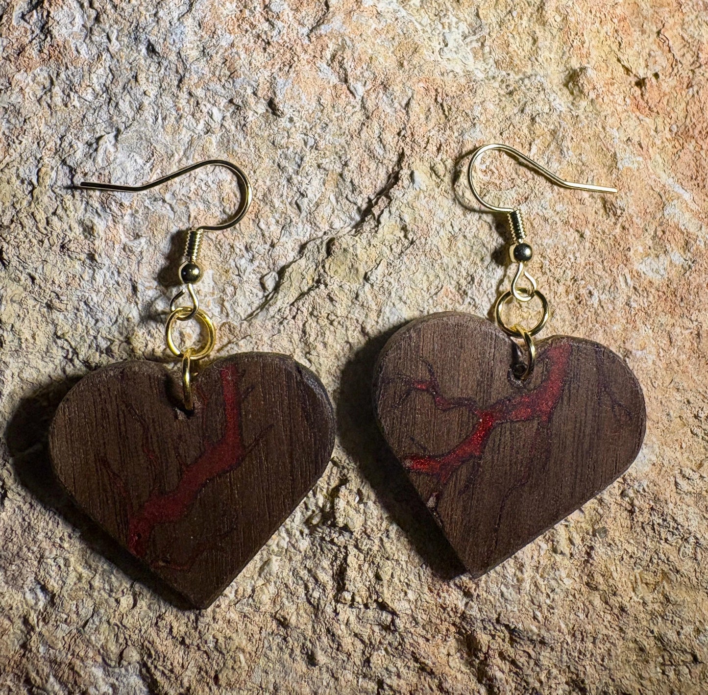 Handmade Black Walnut Heart Earrings | Red Resin Inlay Gold Fishhook Earrings Consecrated Jewelry Co.