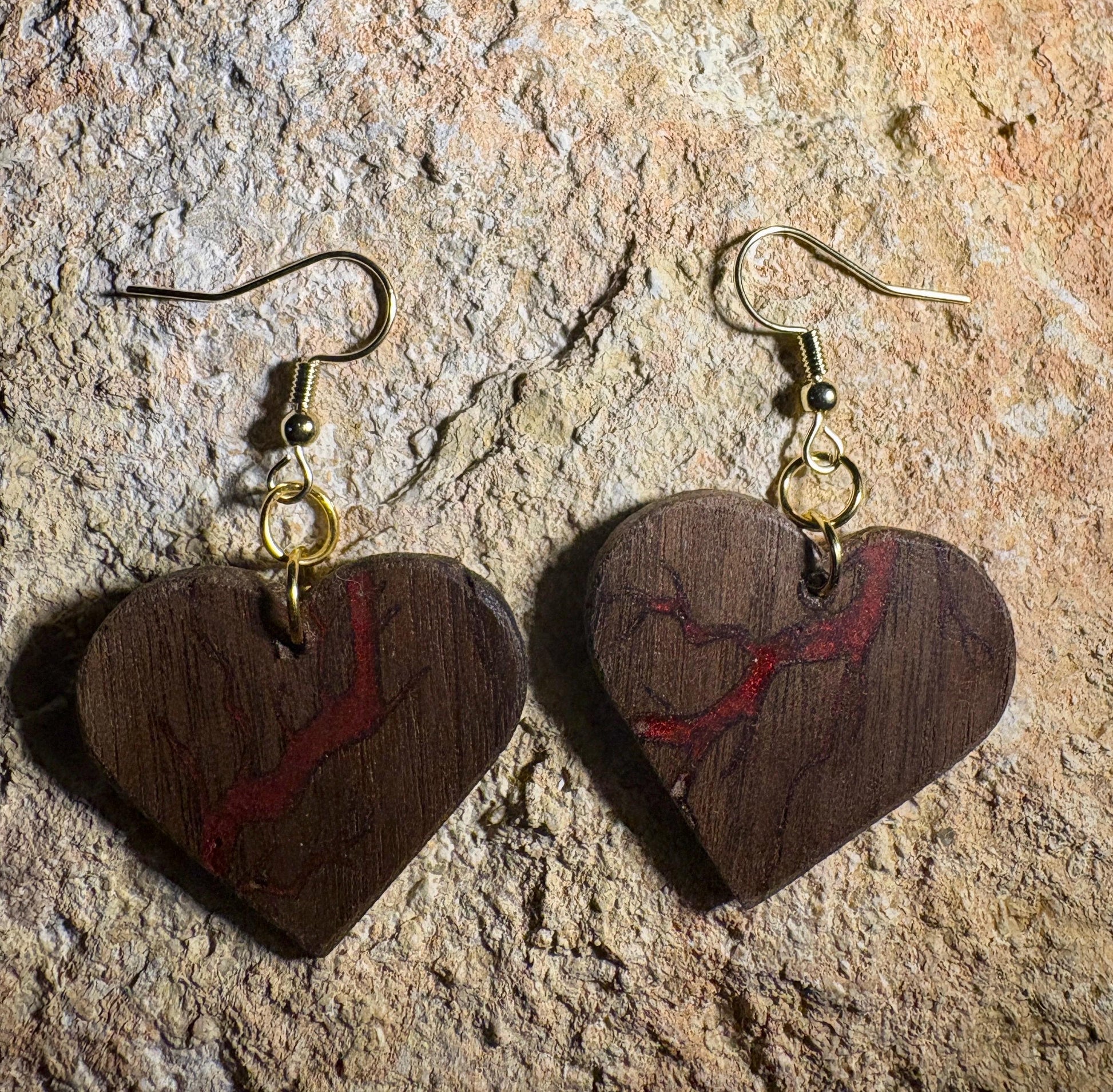 Handmade Black Walnut Heart Earrings | Red Resin Inlay Gold Fishhook Earrings Consecrated Jewelry Co.