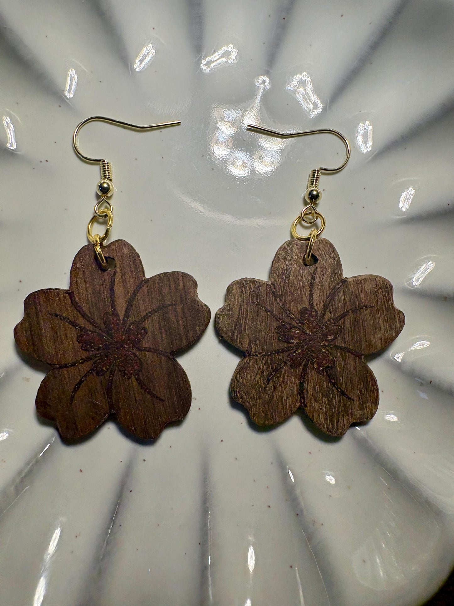 Black Walnut Floral Earrings | Red Resin Inlay Boho Dangle Earrings Consecrated Jewelry Co.