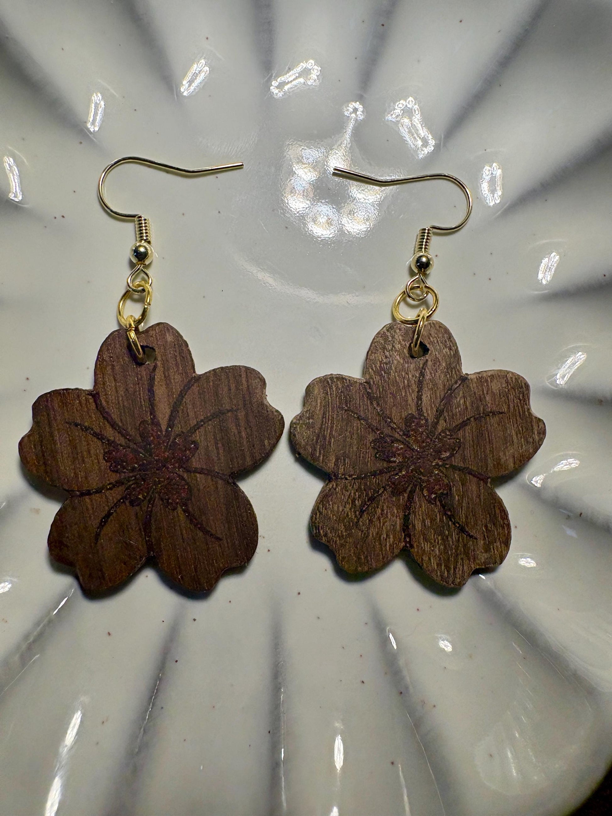 Black Walnut Floral Earrings | Red Resin Inlay Boho Dangle Earrings Consecrated Jewelry Co.