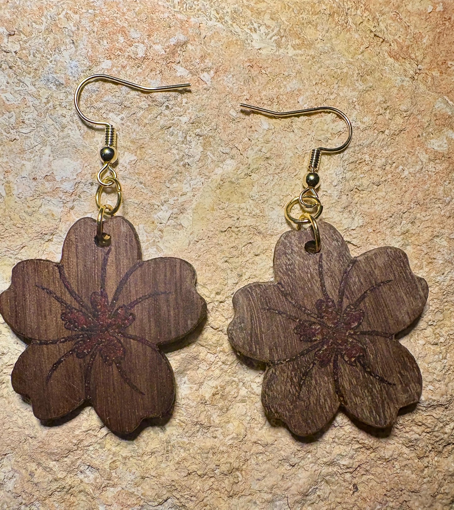 Black Walnut Floral Earrings | Red Resin Inlay Boho Dangle Earrings Consecrated Jewelry Co.