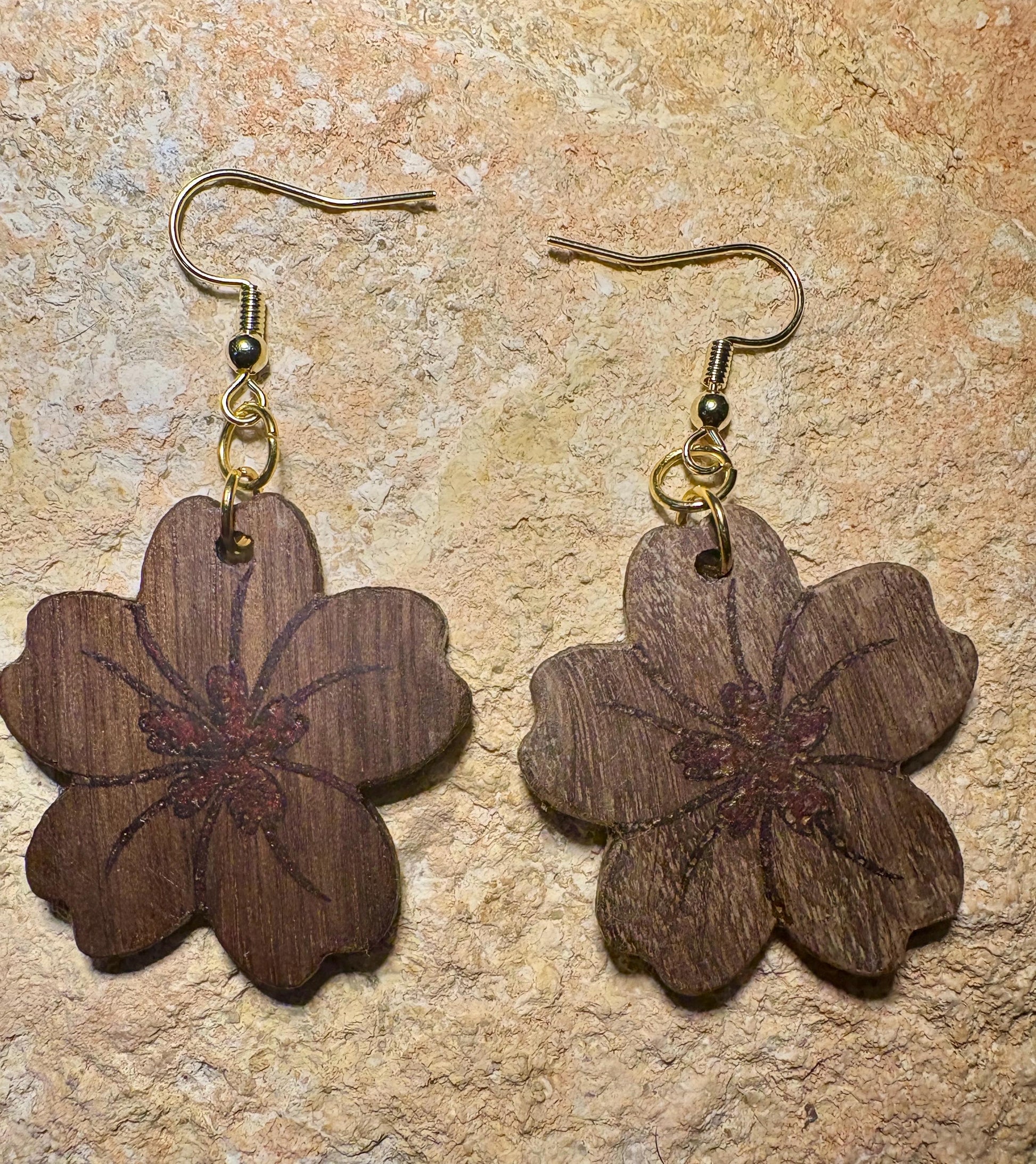Black Walnut Floral Earrings | Red Resin Inlay Boho Dangle Earrings Consecrated Jewelry Co.