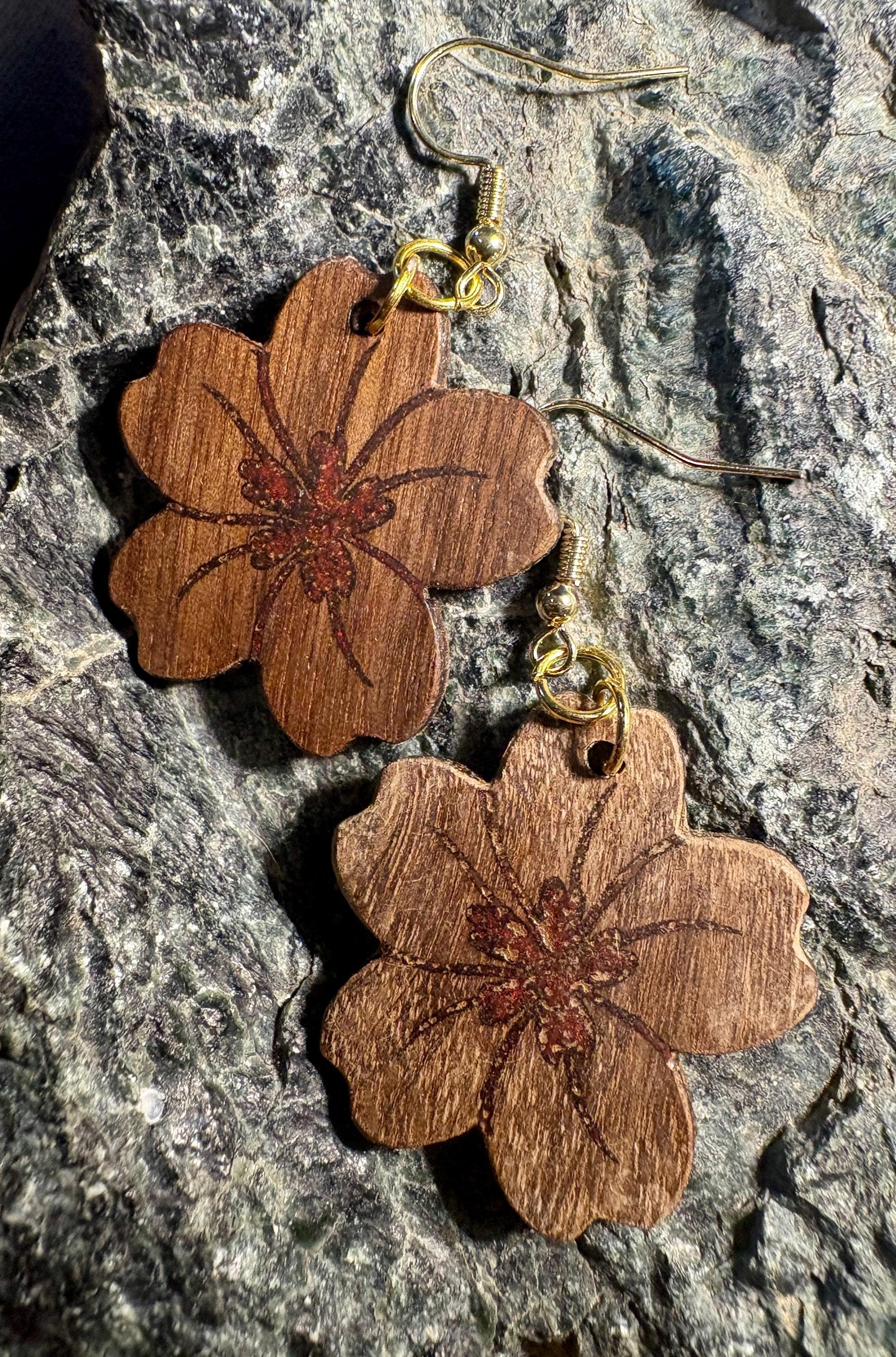 Black Walnut Floral Earrings | Red Resin Inlay Boho Dangle Earrings Consecrated Jewelry Co.