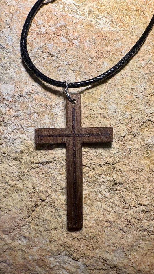 Handmade Black Walnut Cross Necklace | Red Resin Adjustable Cord Necklaces Consecrated Jewelry Co.