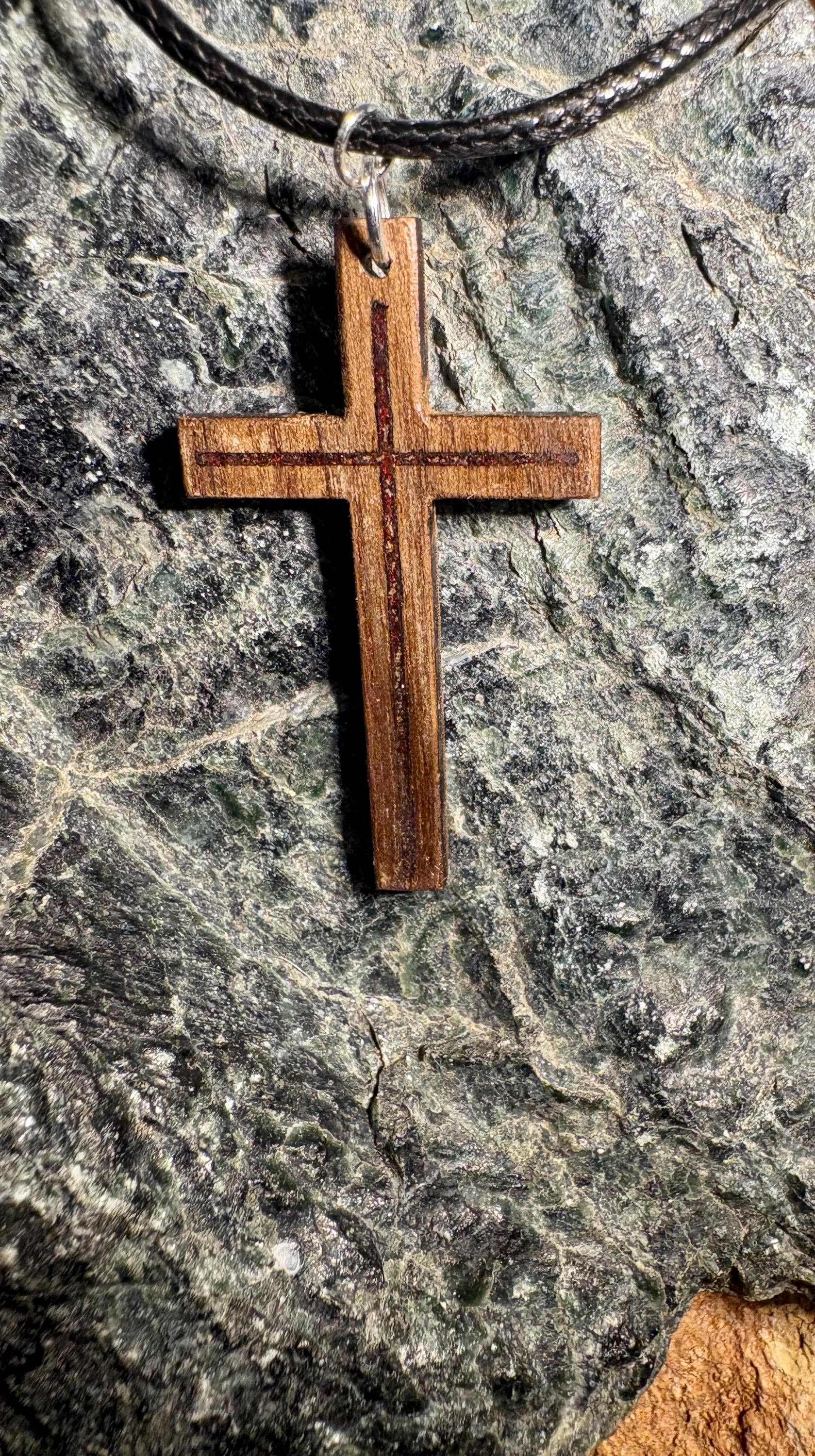 Handmade Black Walnut Cross Necklace | Red Resin Adjustable Cord Necklaces Consecrated Jewelry Co.