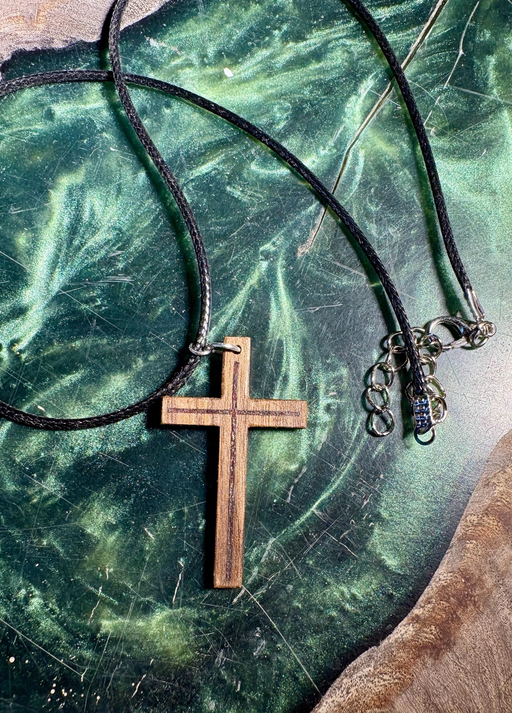 Handmade Black Walnut Cross Necklace | Red Resin Adjustable Cord Necklaces Consecrated Jewelry Co.