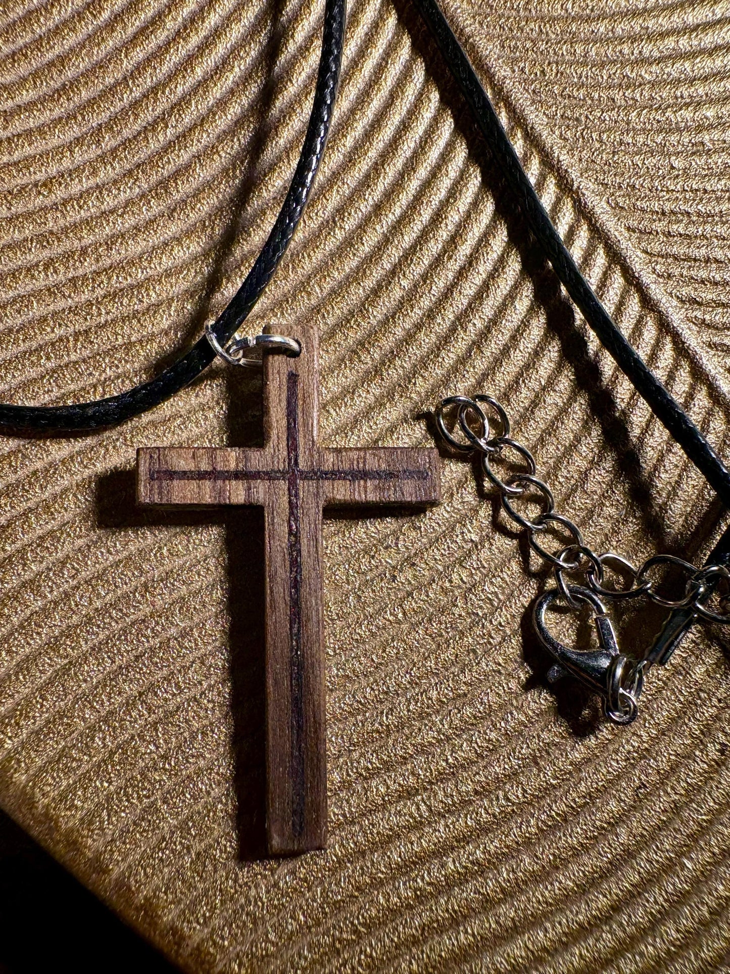 Handmade Black Walnut Cross Necklace | Red Resin Adjustable Cord Necklaces Consecrated Jewelry Co.