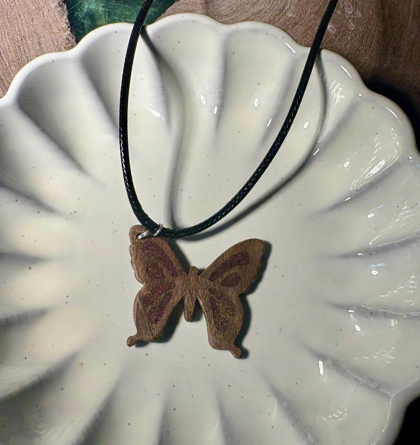 Handmade Black Walnut Butterfly Necklace | Red Resin Adjustable Cord Necklaces Consecrated Jewelry Co.
