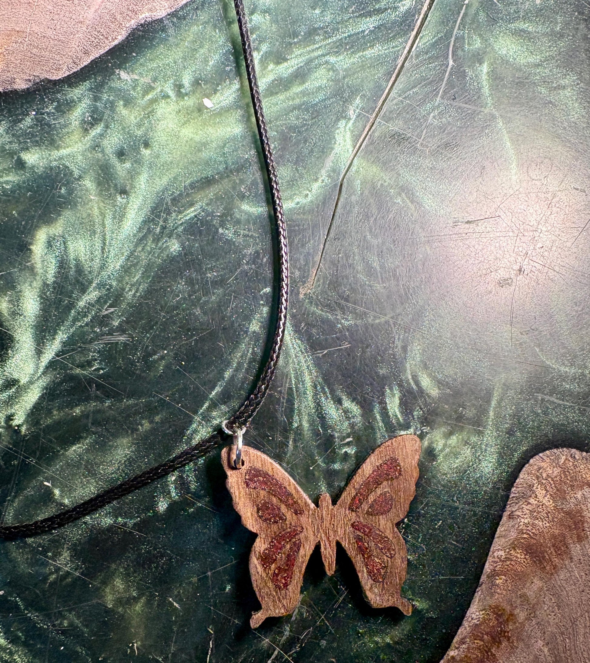 Handmade Black Walnut Butterfly Necklace | Red Resin Adjustable Cord Necklaces Consecrated Jewelry Co.