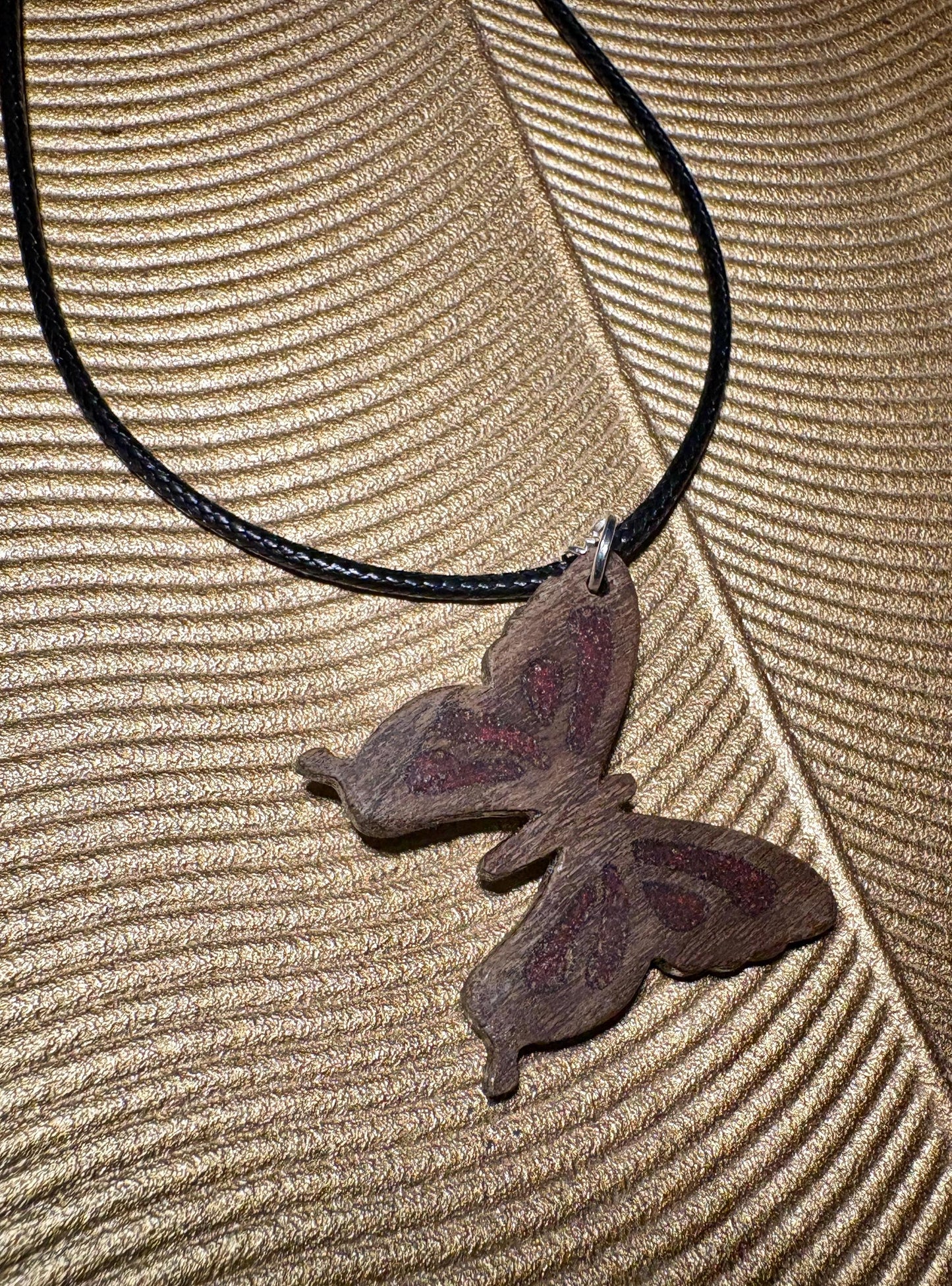 Handmade Black Walnut Butterfly Necklace | Red Resin Adjustable Cord Necklaces Consecrated Jewelry Co.