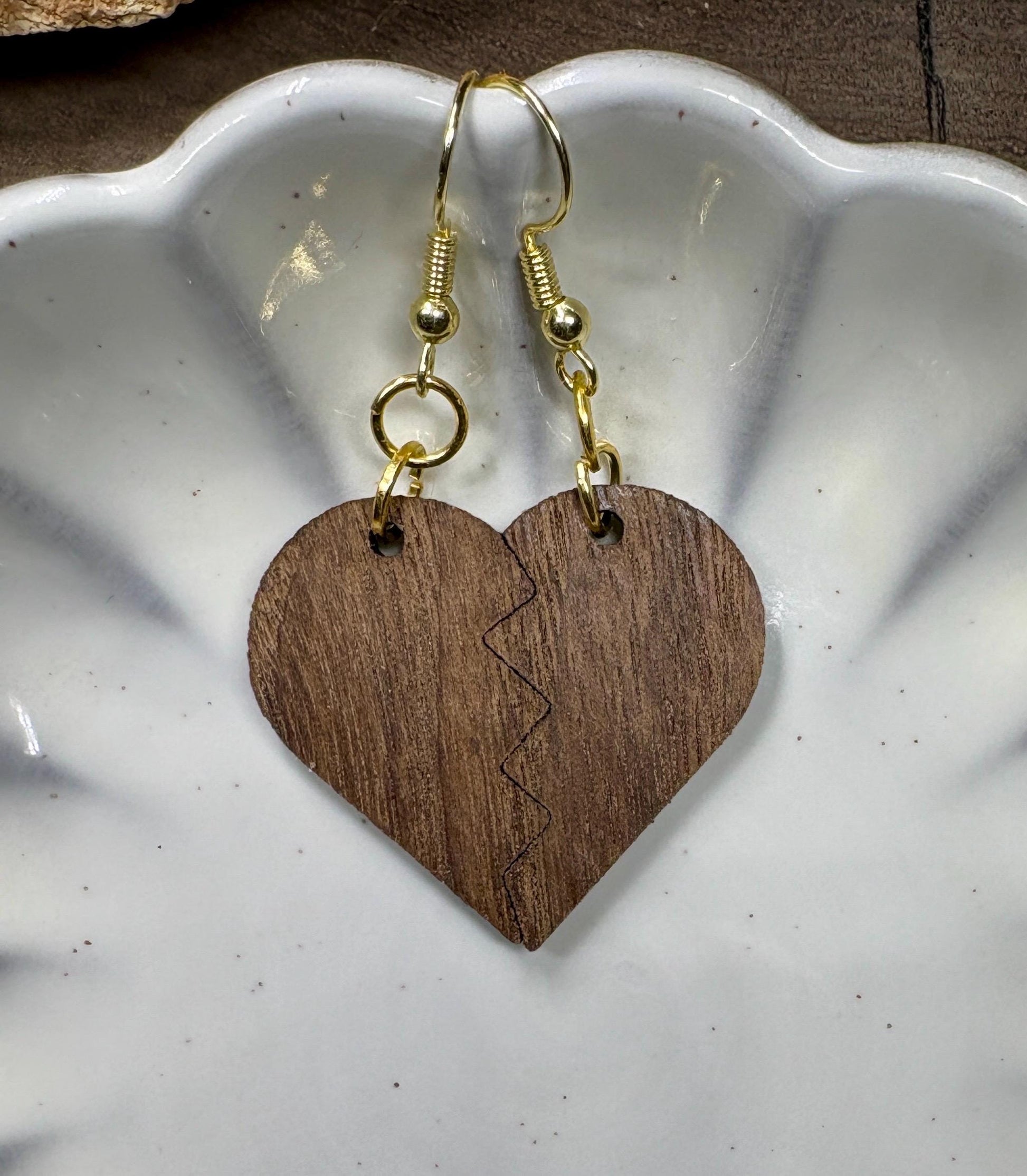 Black Walnut Broken Heart Earrings | Handmade Wood Dangle Earrings Consecrated Jewelry Co.