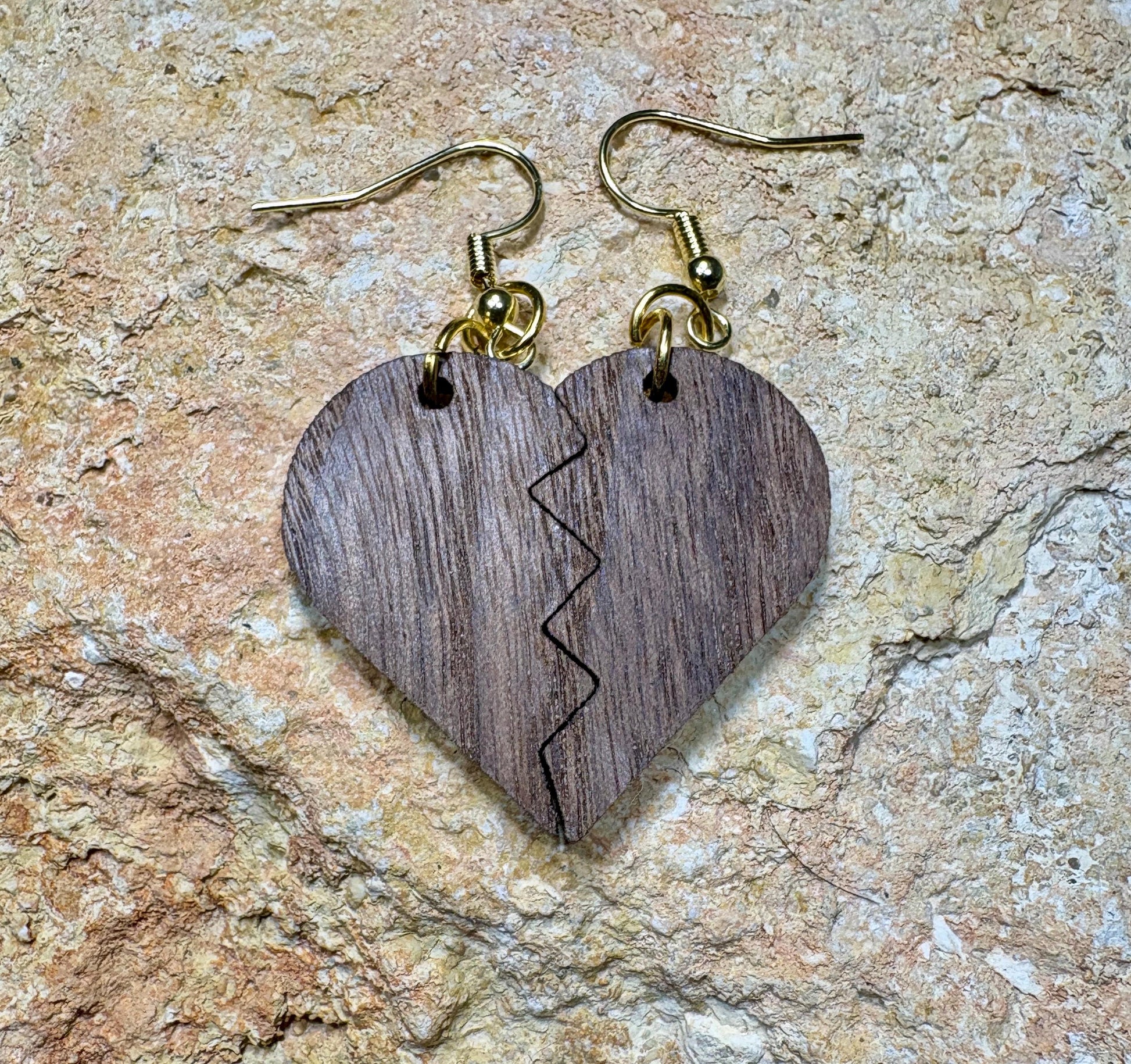 Black Walnut Broken Heart Earrings | Handmade Wood Dangle Earrings Consecrated Jewelry Co.