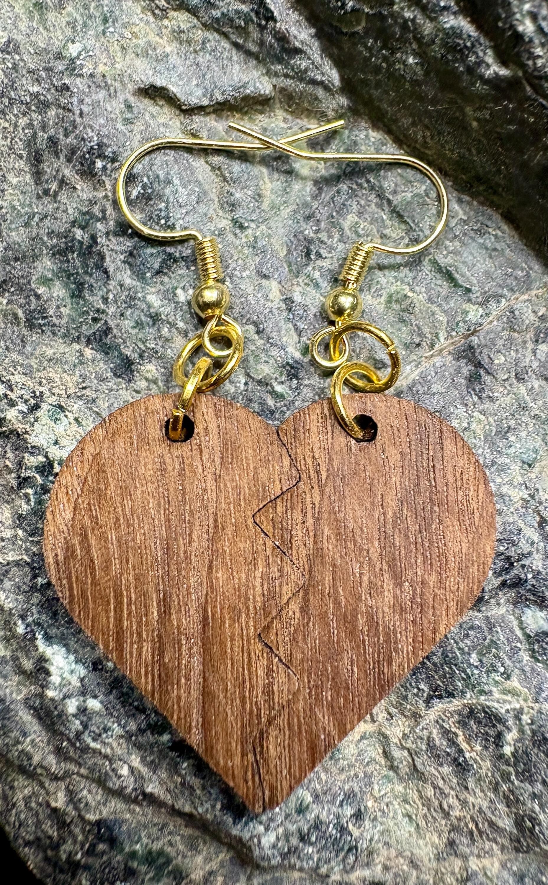 Black Walnut Broken Heart Earrings | Handmade Wood Dangle Earrings Consecrated Jewelry Co.