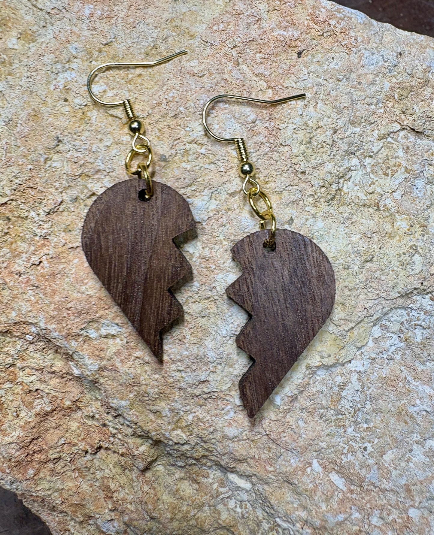 Black Walnut Broken Heart Earrings | Handmade Wood Dangle Earrings Consecrated Jewelry Co.