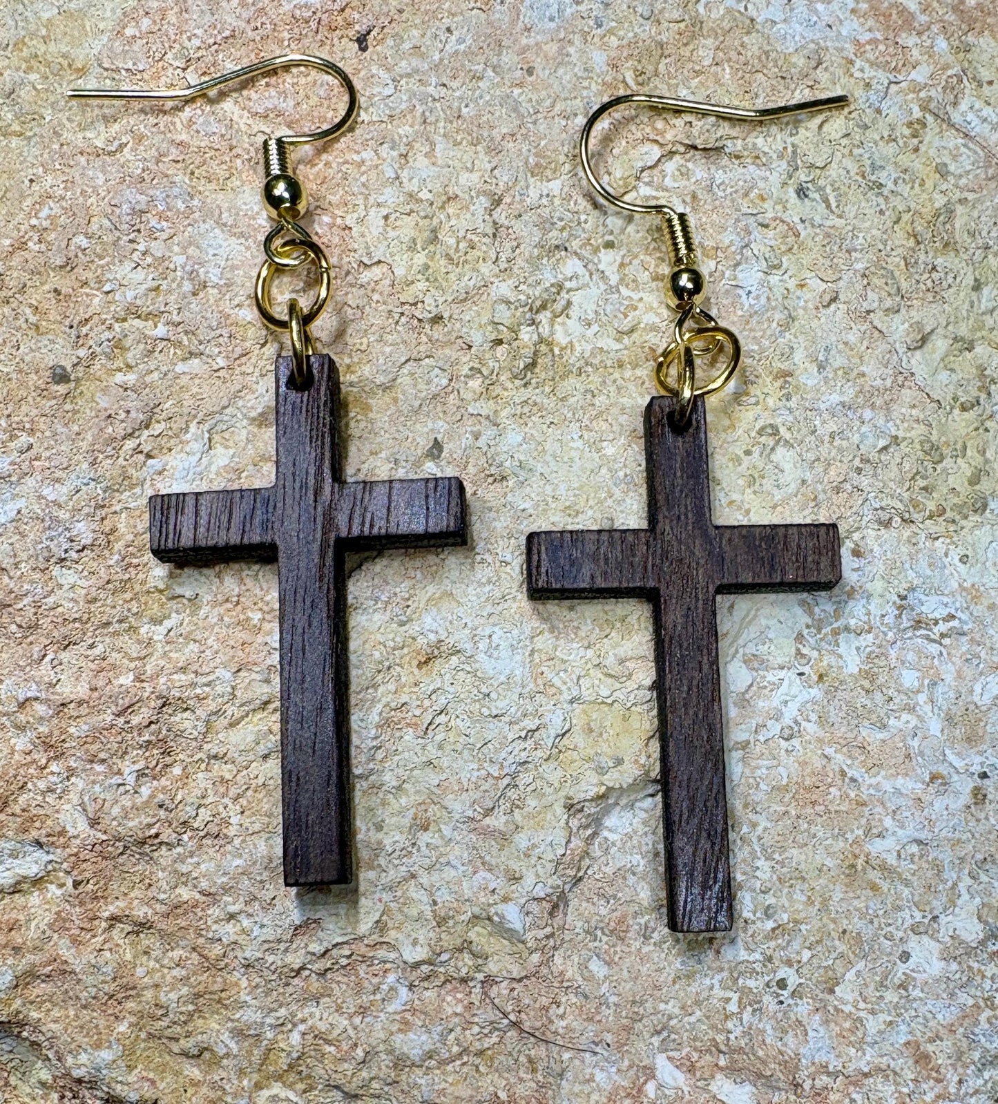 Black Walnut Wood Cross Earrings | Christian Faith Dangle Earrings Consecrated Jewelry Co.